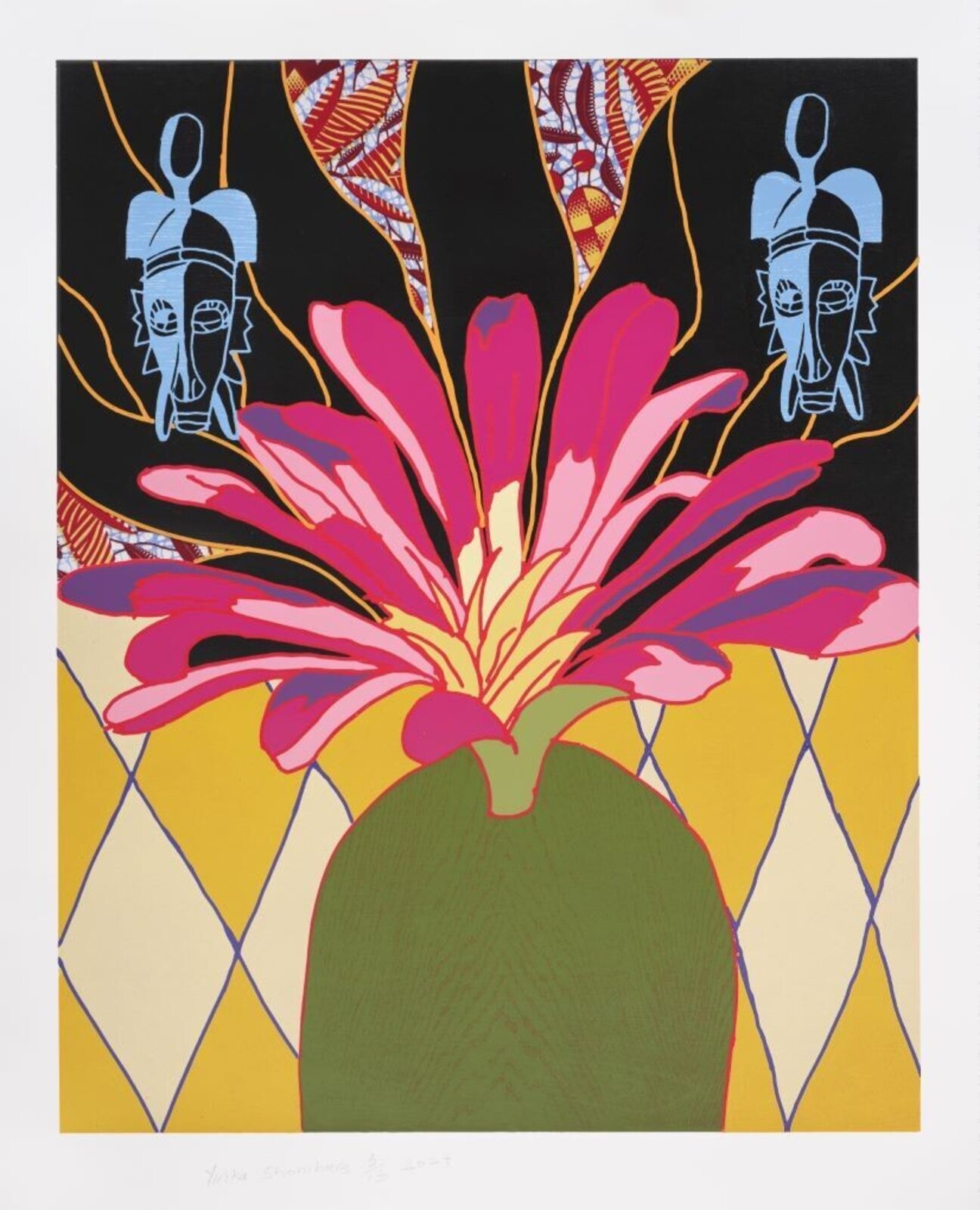 A vibrant graphic print featuring a large pink flower in a green vase against a patterned background with stylized masks.