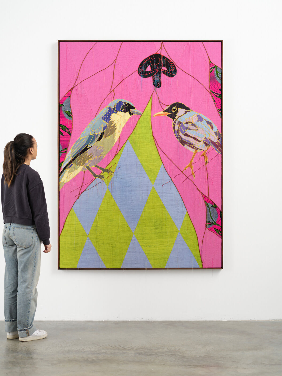 Artwork by Yinka Shonibare, African Bird Magic (Comoro Blue Vanga & Taita Thrush), Made of Patchwork, applique, quilting, hand dyed silk, linen and cotton and Dutch wax printed cotton 
