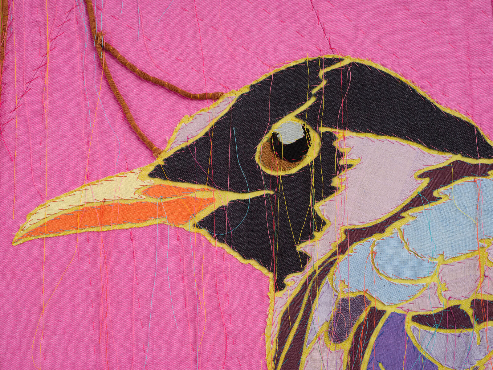 Artwork by Yinka Shonibare, African Bird Magic (Comoro Blue Vanga & Taita Thrush), Made of Patchwork, applique, quilting, hand dyed silk, linen and cotton and Dutch wax printed cotton 