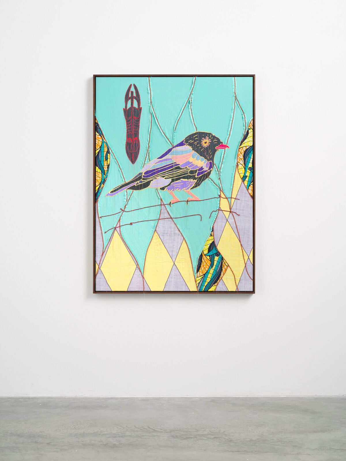 Artwork by Yinka Shonibare, African Bird Magic (Gabela Helmet Shrike), Made of Patchwork, applique, quilting, hand dyed silk, linen, cotton and Dutch wax printed cotton 