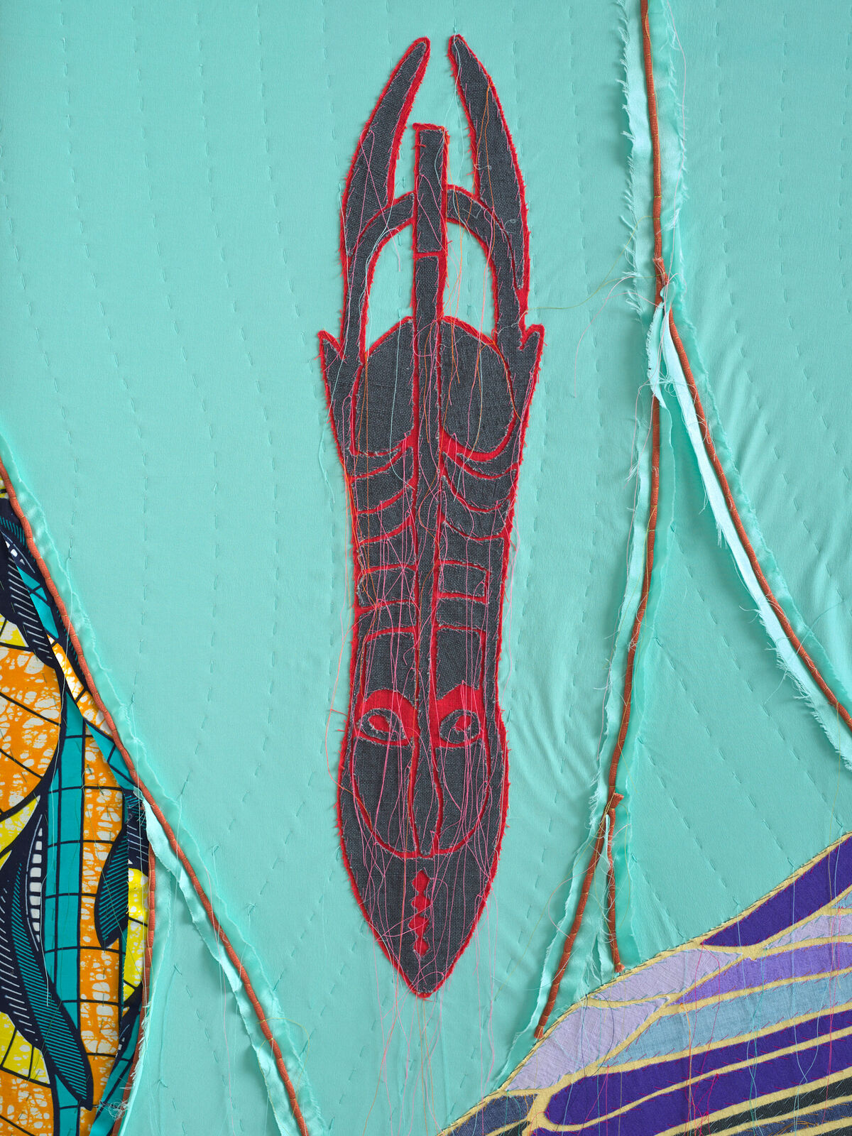 Artwork by Yinka Shonibare, African Bird Magic (Gabela Helmet Shrike), Made of Patchwork, applique, quilting, hand dyed silk, linen, cotton and Dutch wax printed cotton 