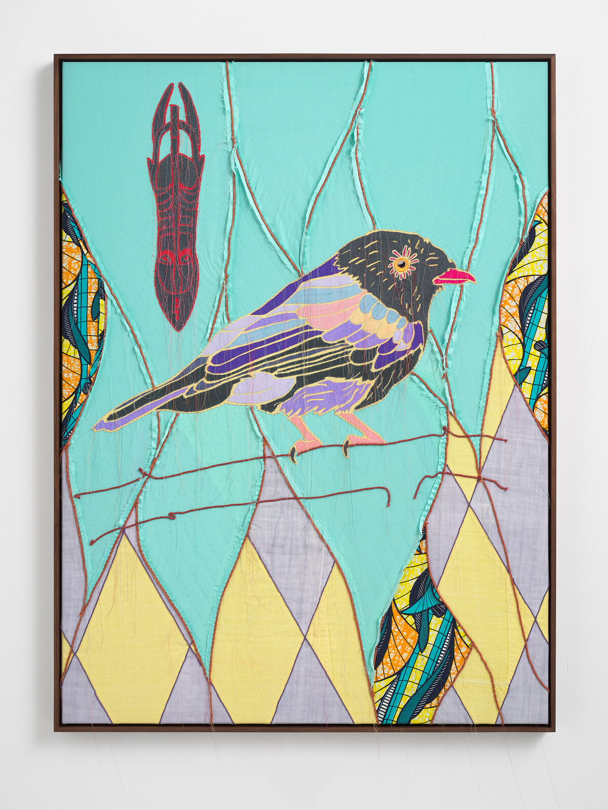 Artwork by Yinka Shonibare, African Bird Magic (Gabela Helmet Shrike), Made of Patchwork, applique, quilting, hand dyed silk, linen, cotton and Dutch wax printed cotton 