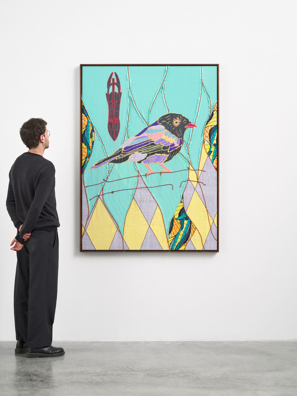 Artwork by Yinka Shonibare, African Bird Magic (Gabela Helmet Shrike), Made of Patchwork, applique, quilting, hand dyed silk, linen, cotton and Dutch wax printed cotton 