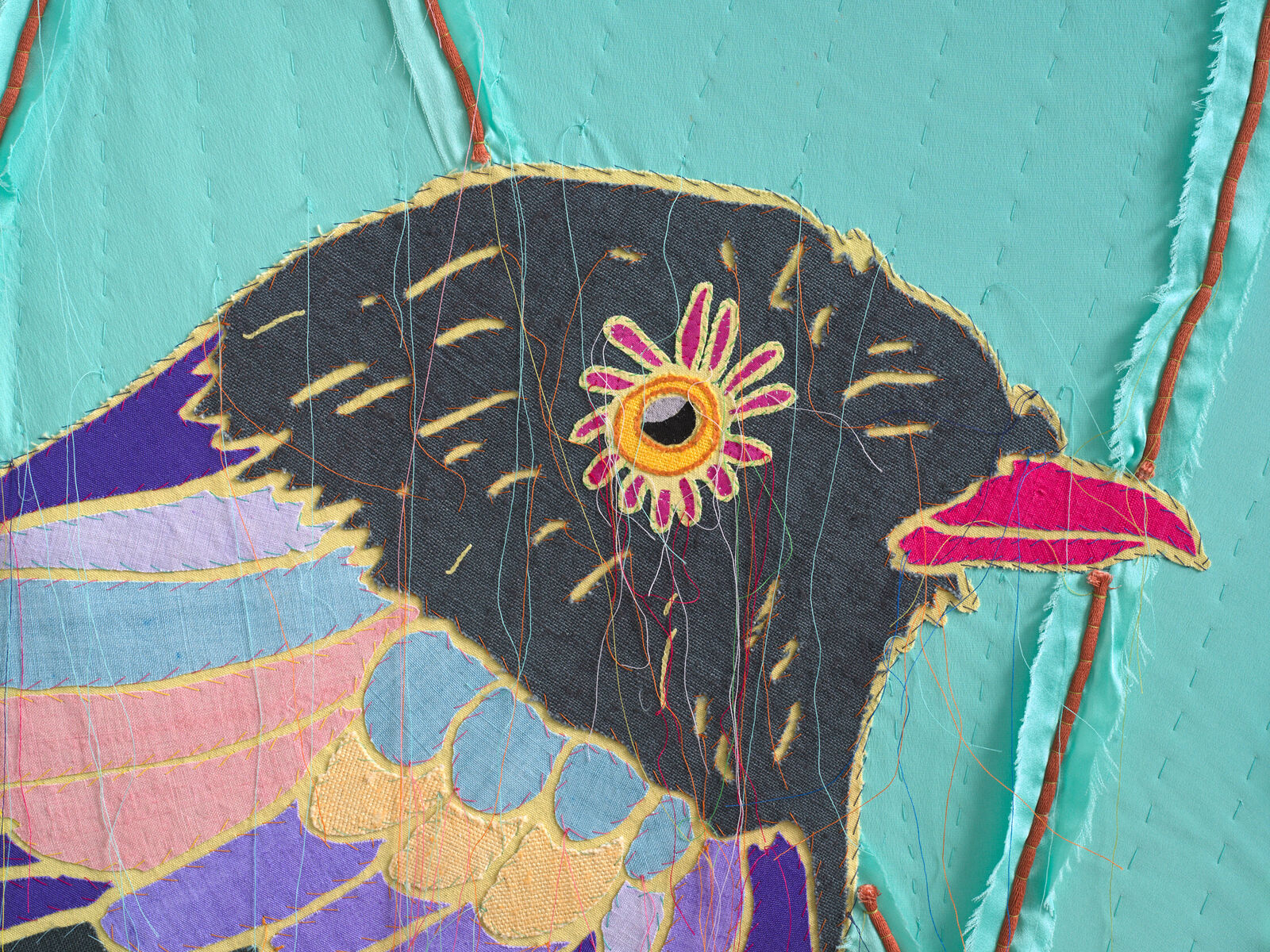 Artwork by Yinka Shonibare, African Bird Magic (Gabela Helmet Shrike), Made of Patchwork, applique, quilting, hand dyed silk, linen, cotton and Dutch wax printed cotton 