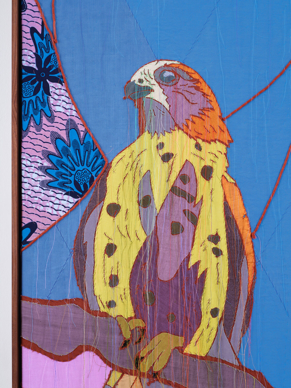 Artwork by Yinka Shonibare, African Bird Magic (Mauritius Kestrels with Head of an Oba), Made of Patchwork, applique, quilting, hand dyed silk, linen, cotton and Dutch wax fabric 