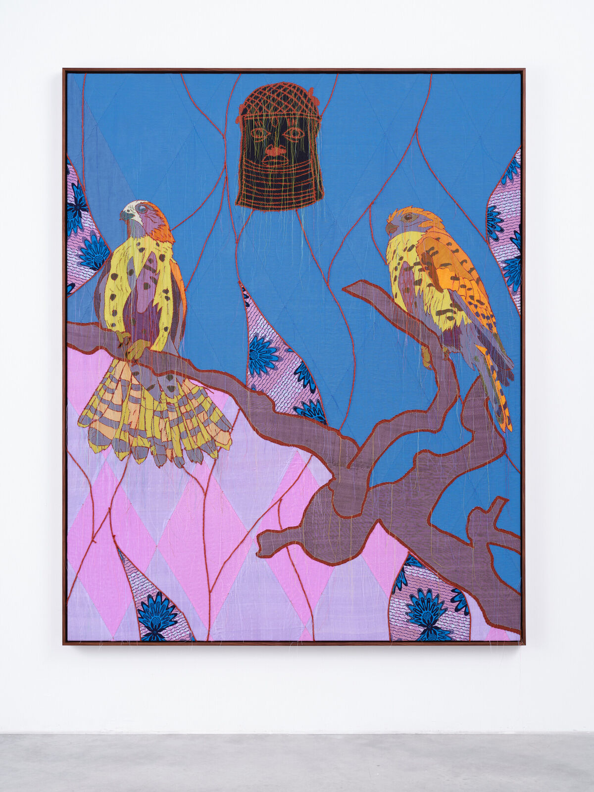 Artwork by Yinka Shonibare, African Bird Magic (Mauritius Kestrels with Head of an Oba), Made of Patchwork, applique, quilting, hand dyed silk, linen, cotton and Dutch wax fabric 