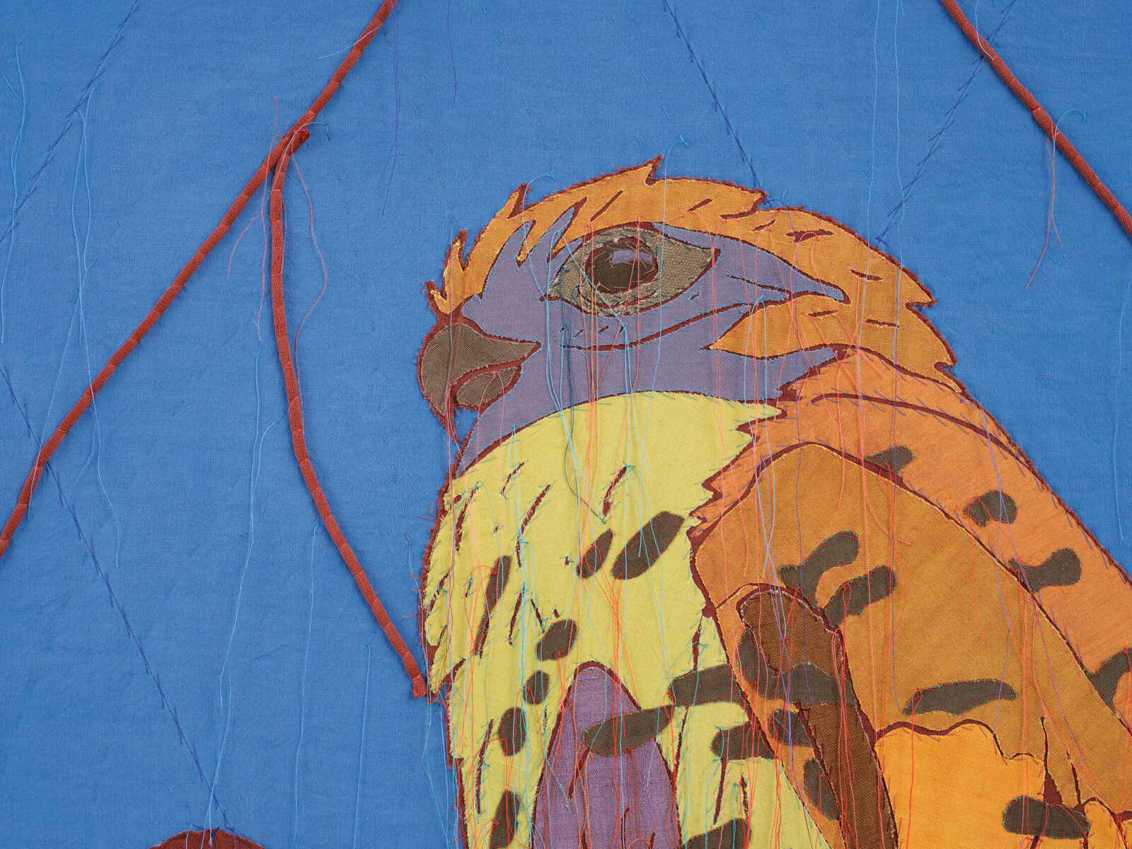 Artwork by Yinka Shonibare, African Bird Magic (Mauritius Kestrels with Head of an Oba), Made of Patchwork, applique, quilting, hand dyed silk, linen, cotton and Dutch wax fabric 