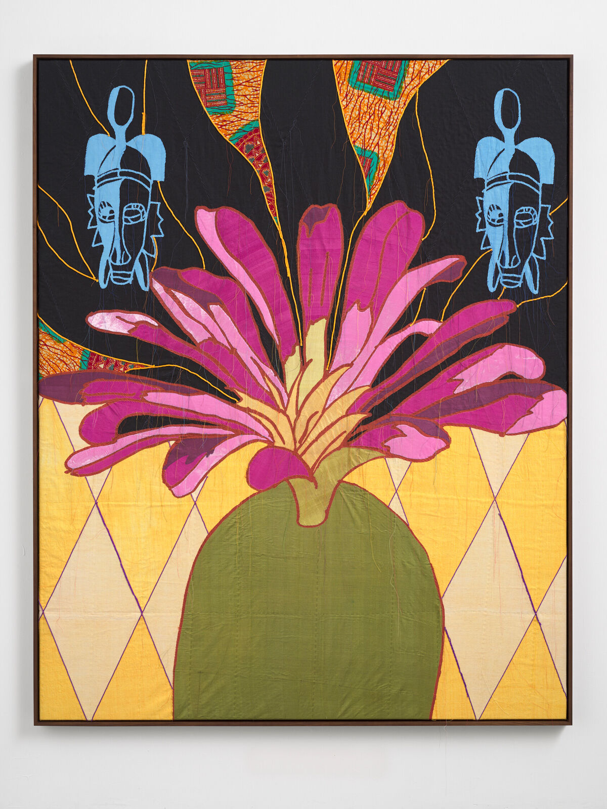 A painting of a pink flower in a vase on a wall.