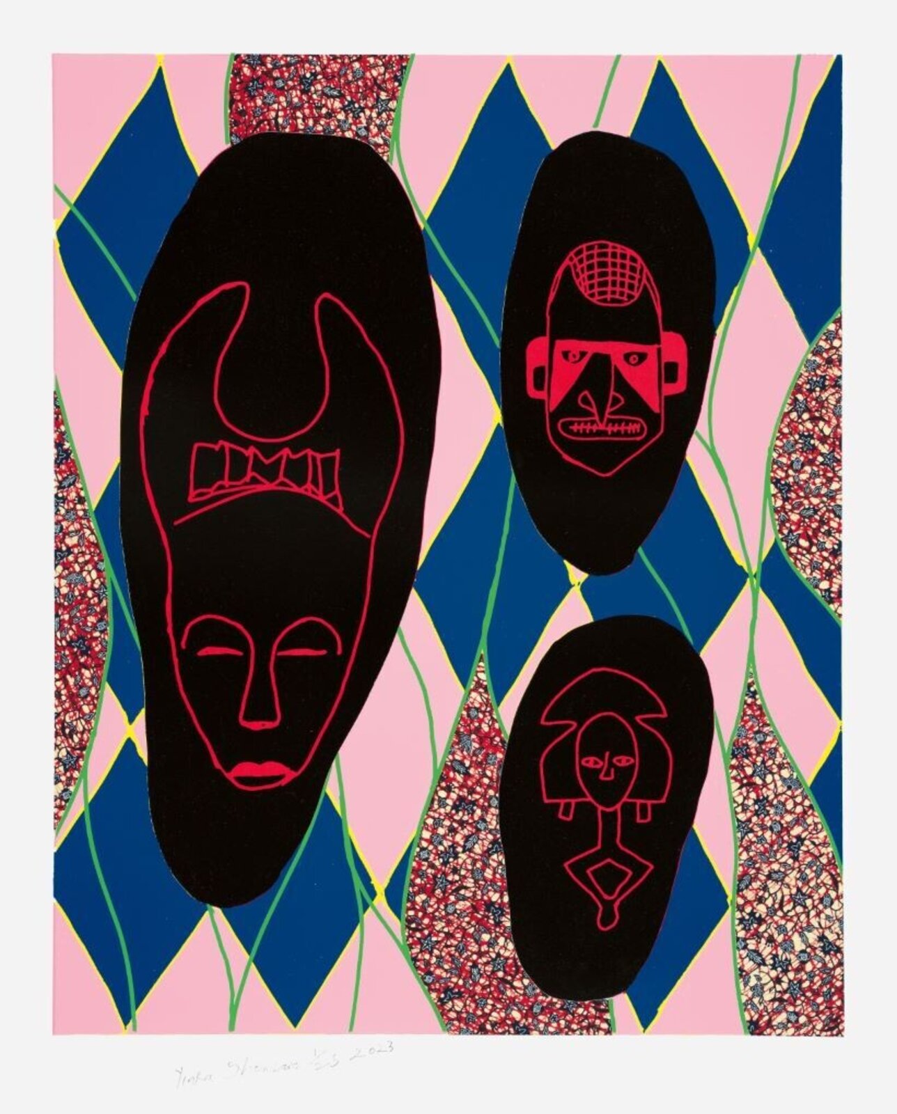 A graphic print featuring three black masks with red outlines against a colorful geometric background.