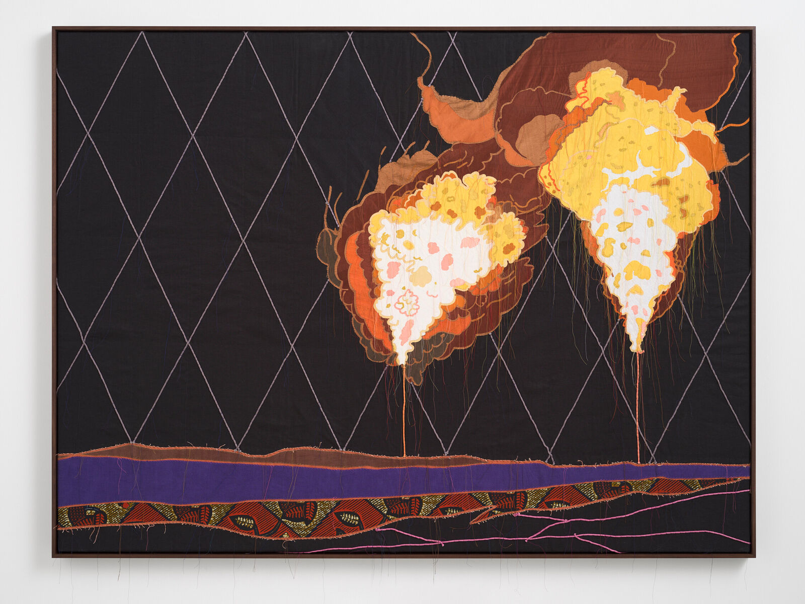 A painting on a wall with a black background and orange and yellow flowers.