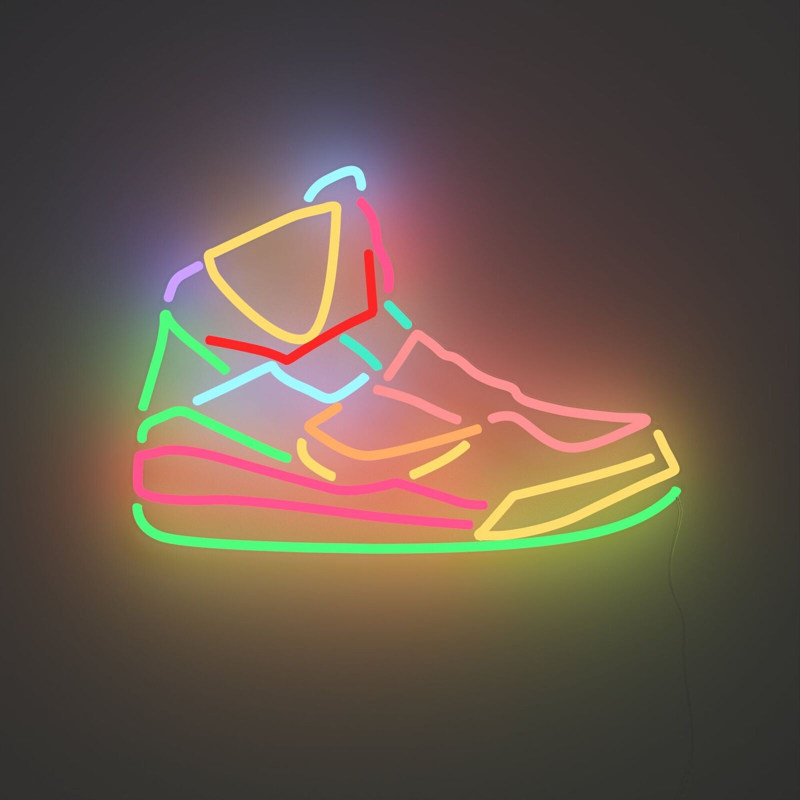 A neon sign of a pair of sneakers on a black background.