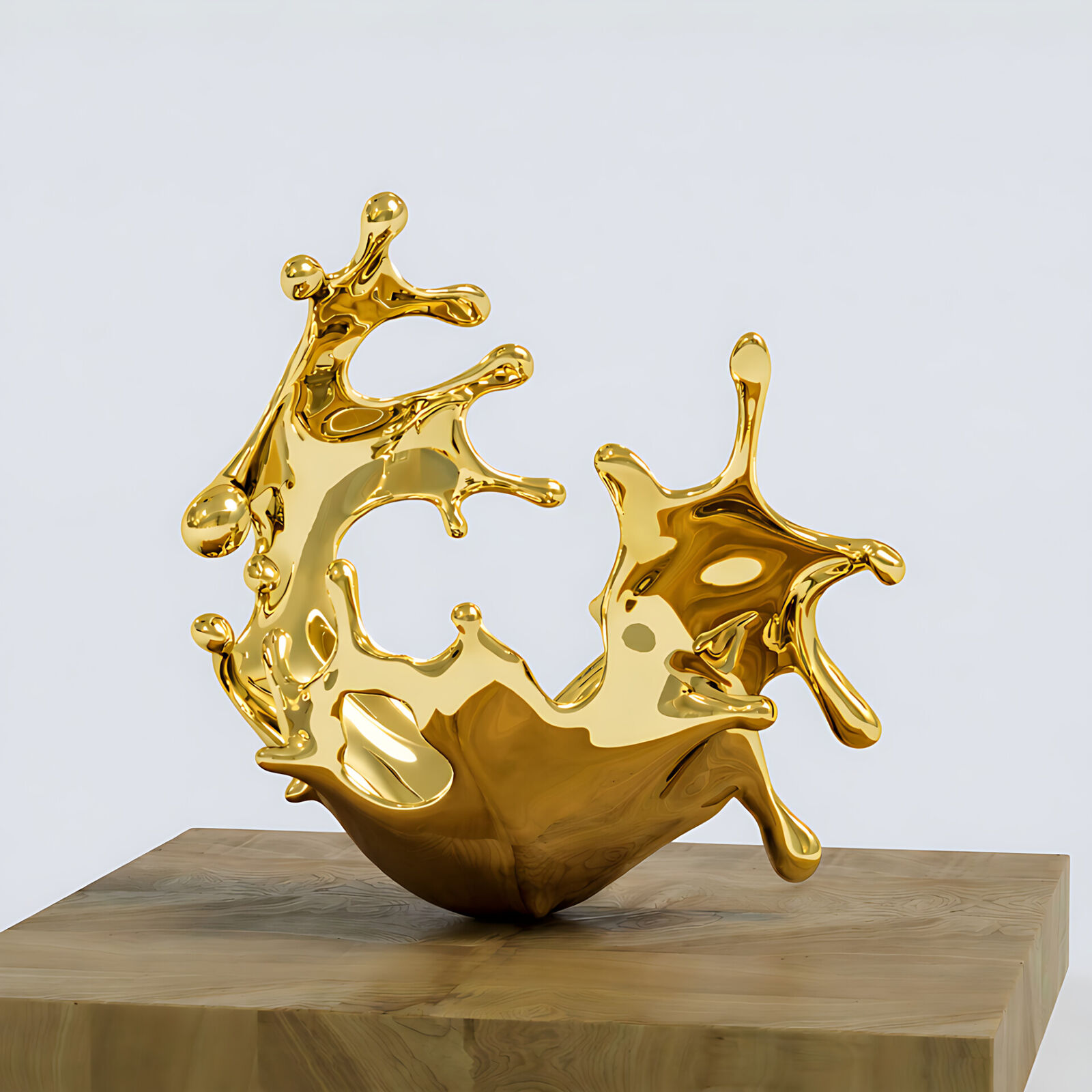 A gold sculpture on a wooden pedestal on a white background.