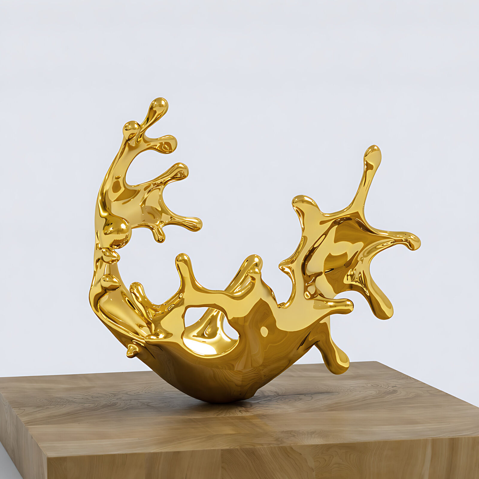 A gold sculpture on a wooden pedestal on a white background.