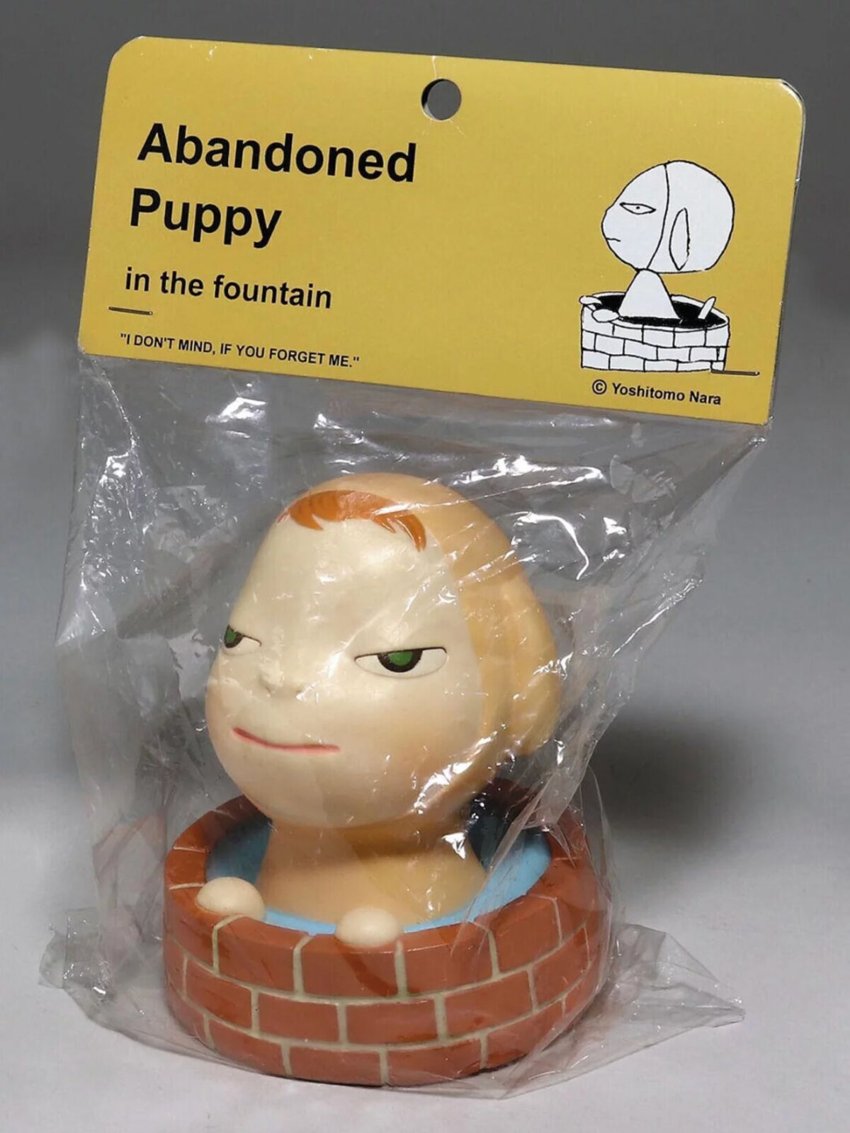 Abandoned puppy in the fountain in a plastic bag.