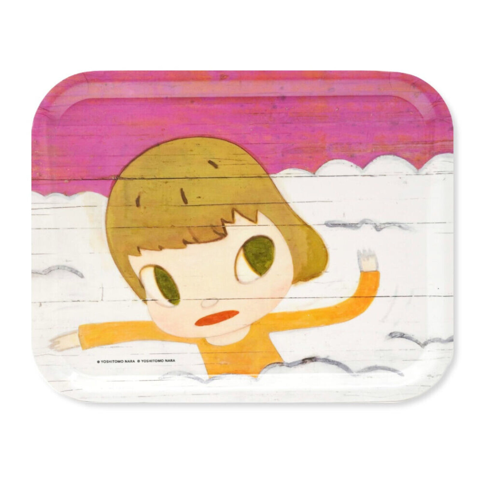 A rectangular tray with a drawing of a girl floating in the water.