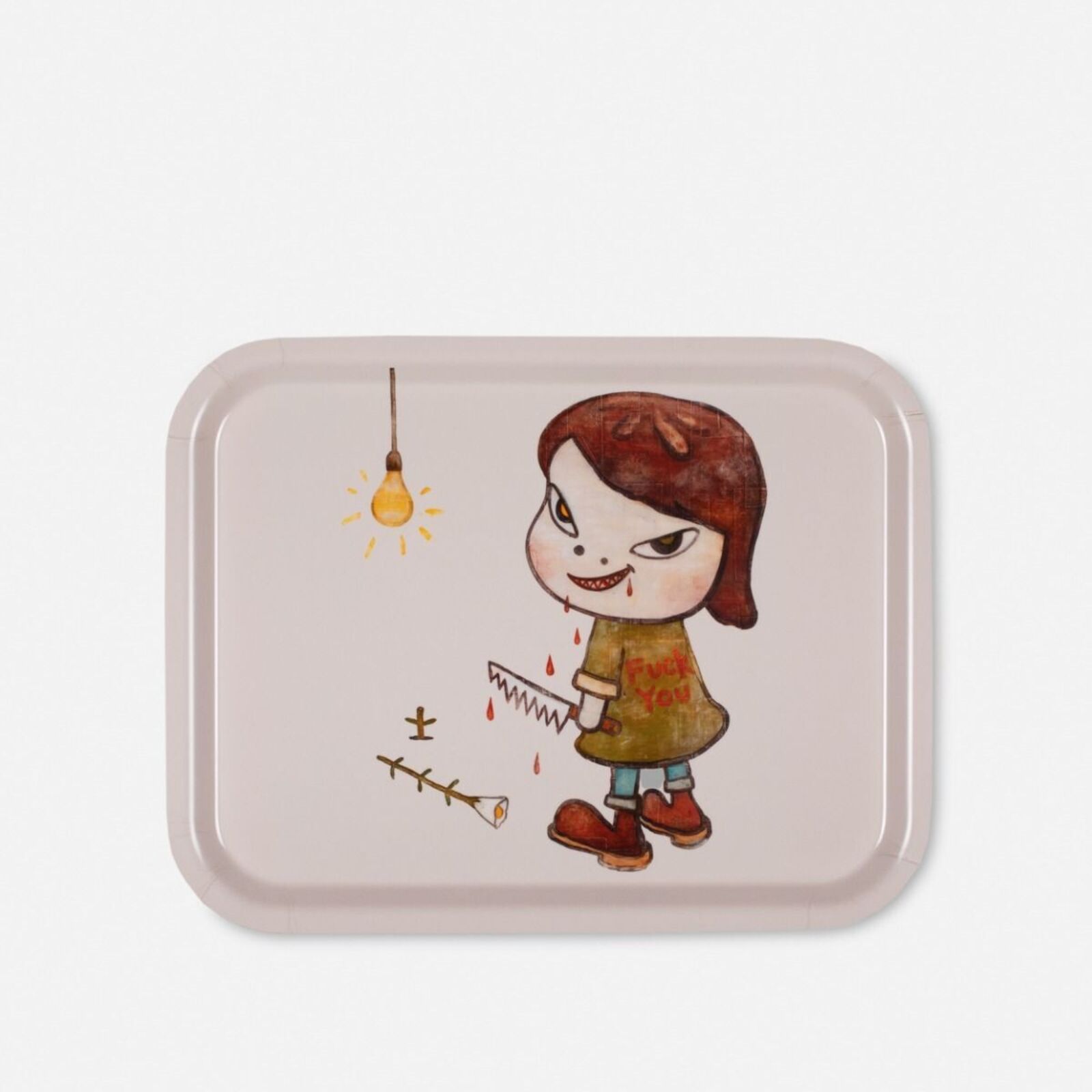 A small tray with a drawing of a girl holding a light bulb.