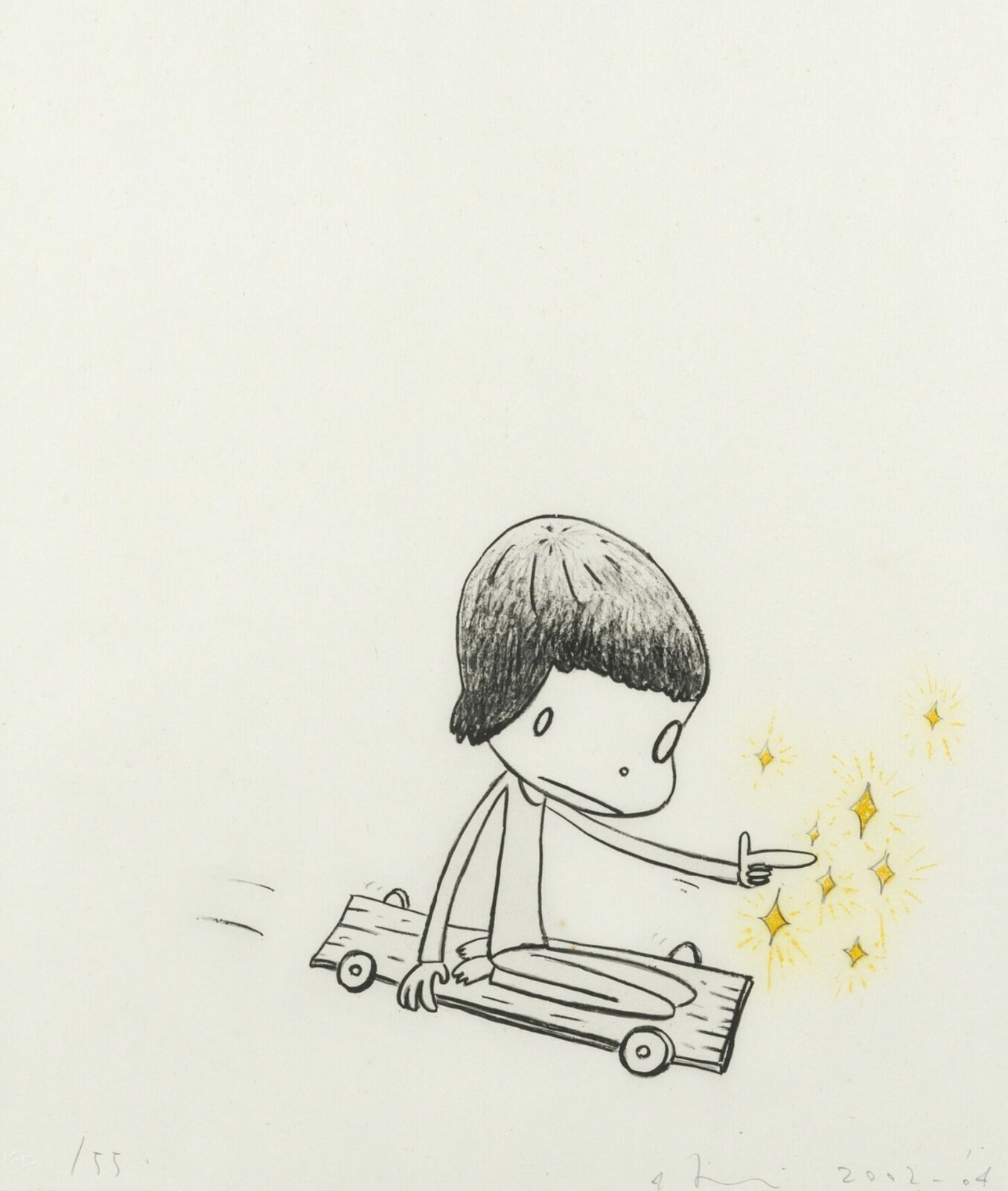 A drawing of a boy on a skateboard pointing at something.