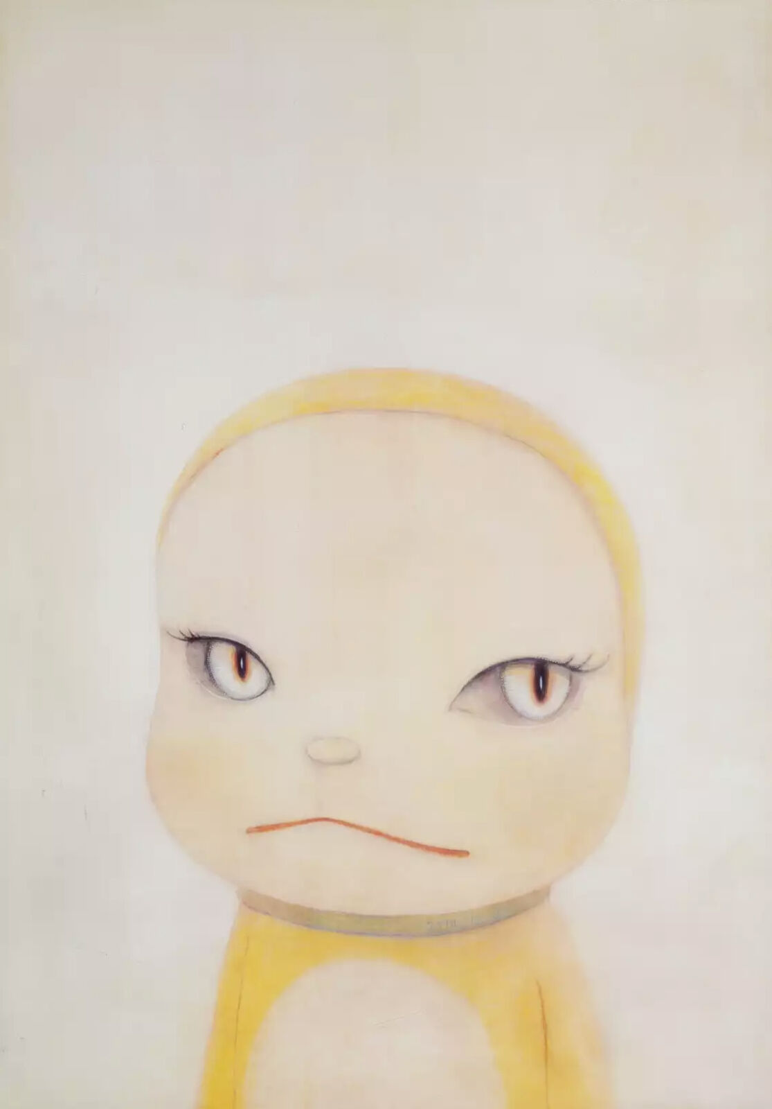 A painting of a small doll with a sad expression.