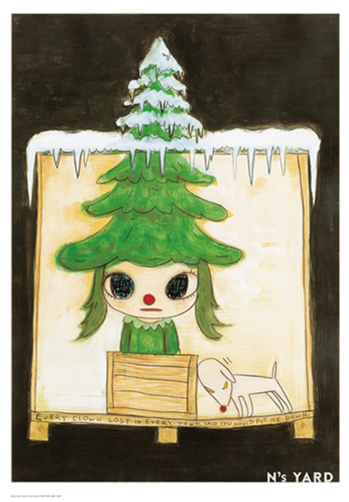 A drawing of a girl with a christmas tree on her head.