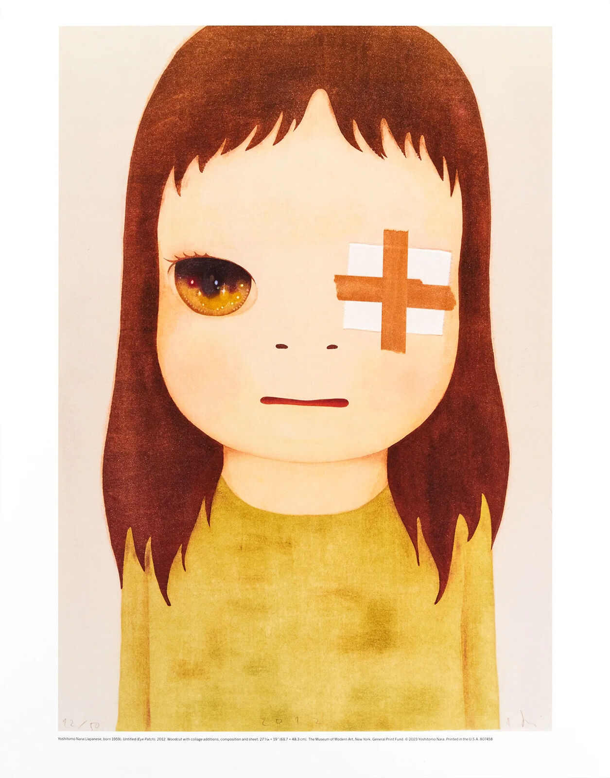 A painting of a girl with a bandage on her face.