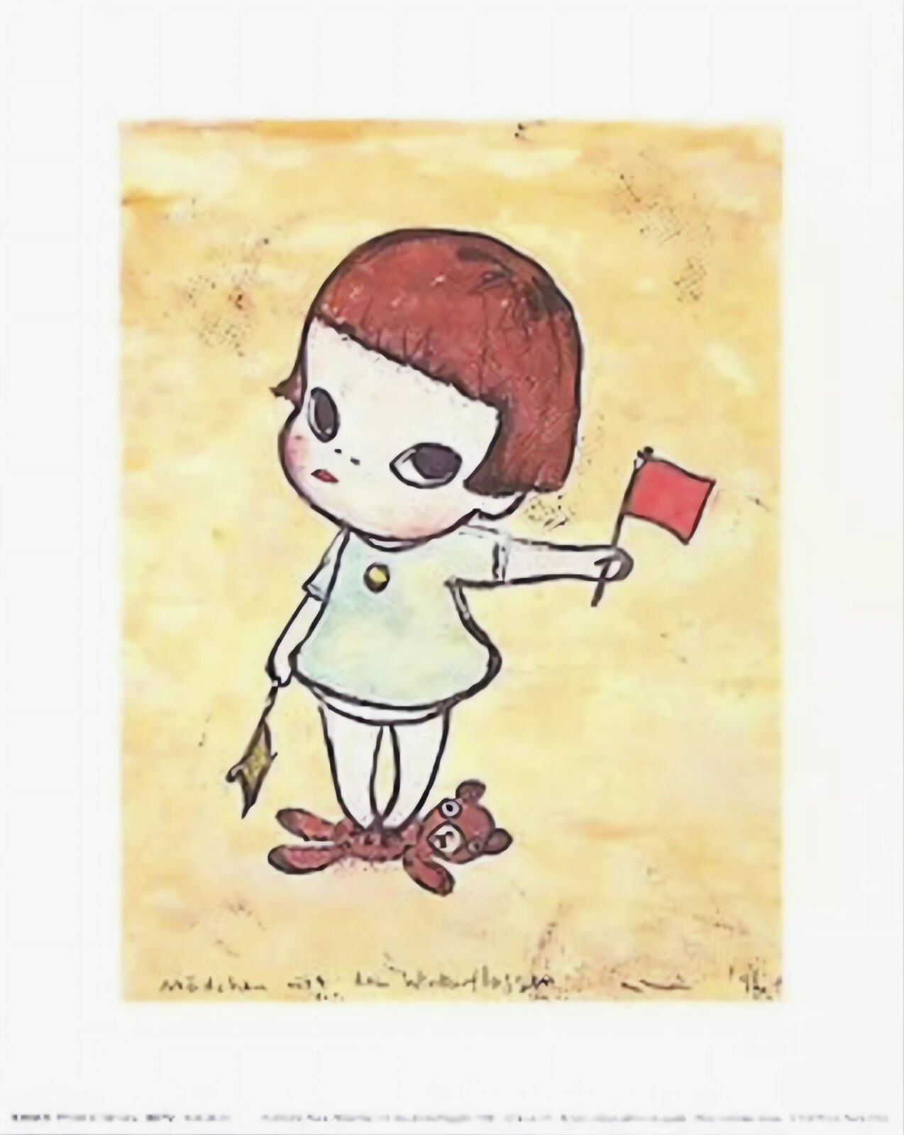A drawing of a little girl holding a red flag.