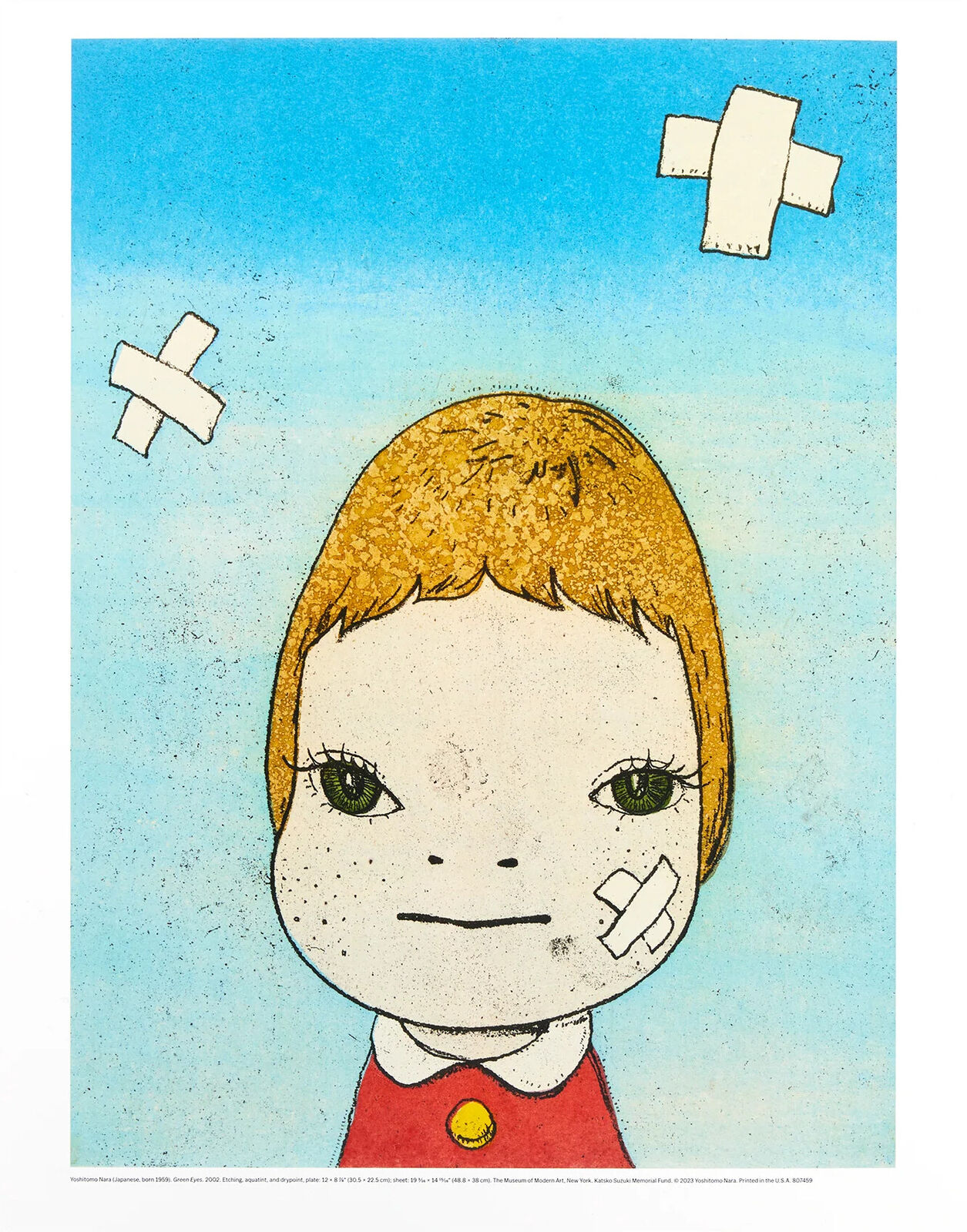 A drawing of a little girl with a bandage on her face.