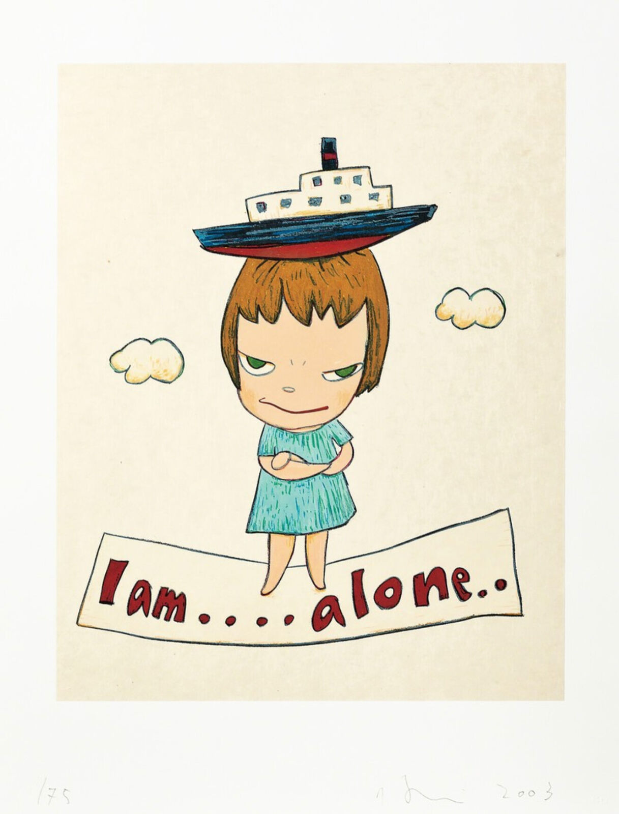 A drawing of a little girl with a boat on her head.