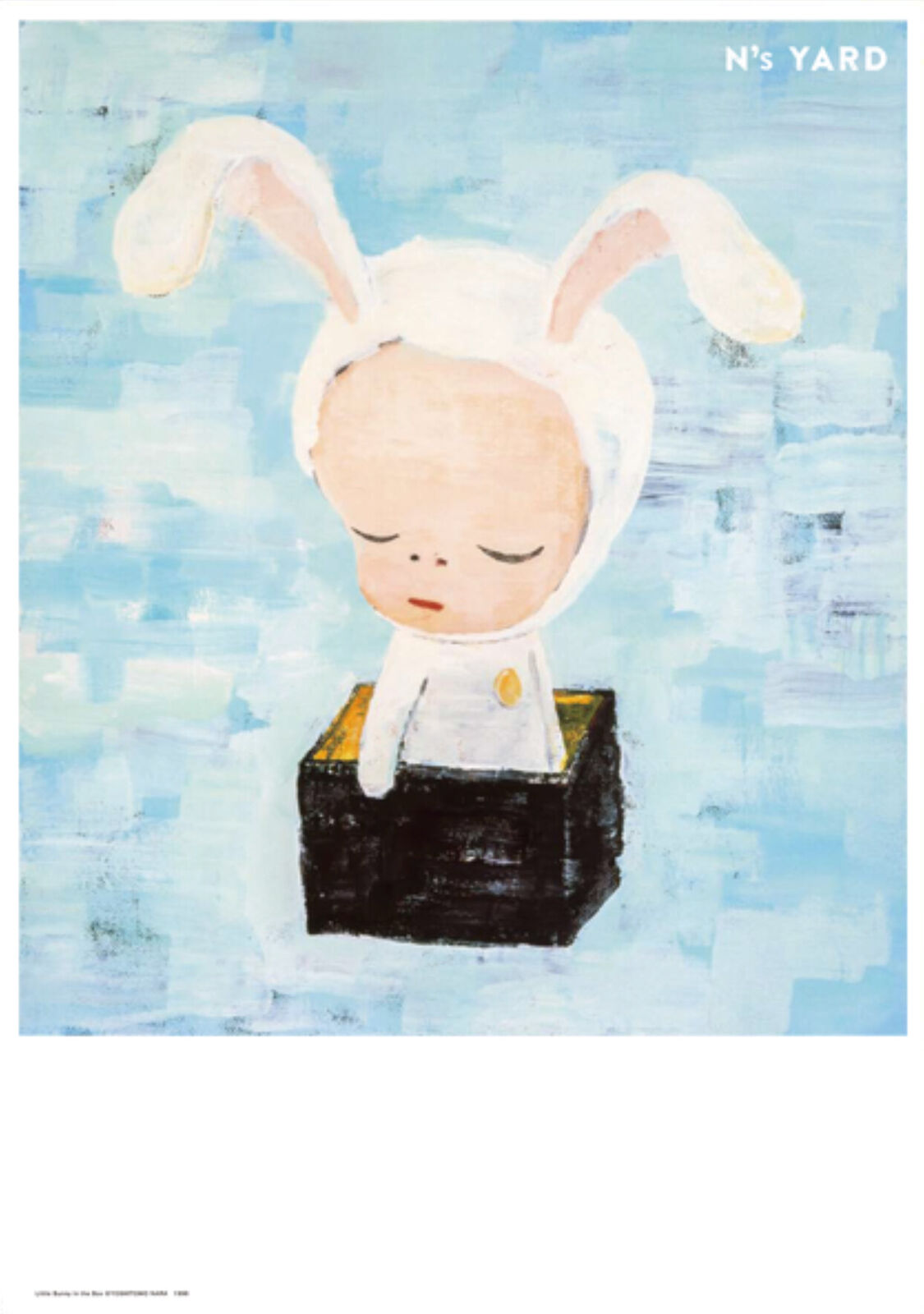 A painting of a baby in a box with a bunny hat.