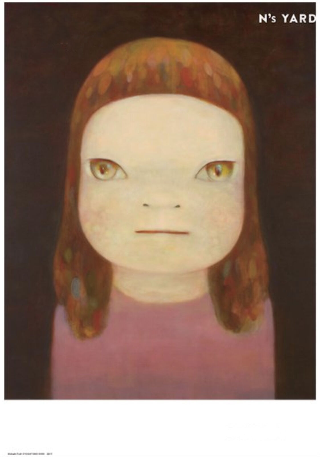 A painting of a young girl with brown hair and green eyes.