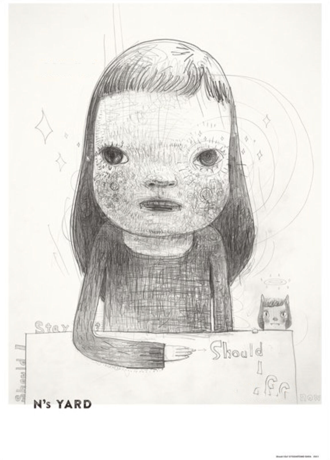 A drawing of a girl with a cat sitting at a table.