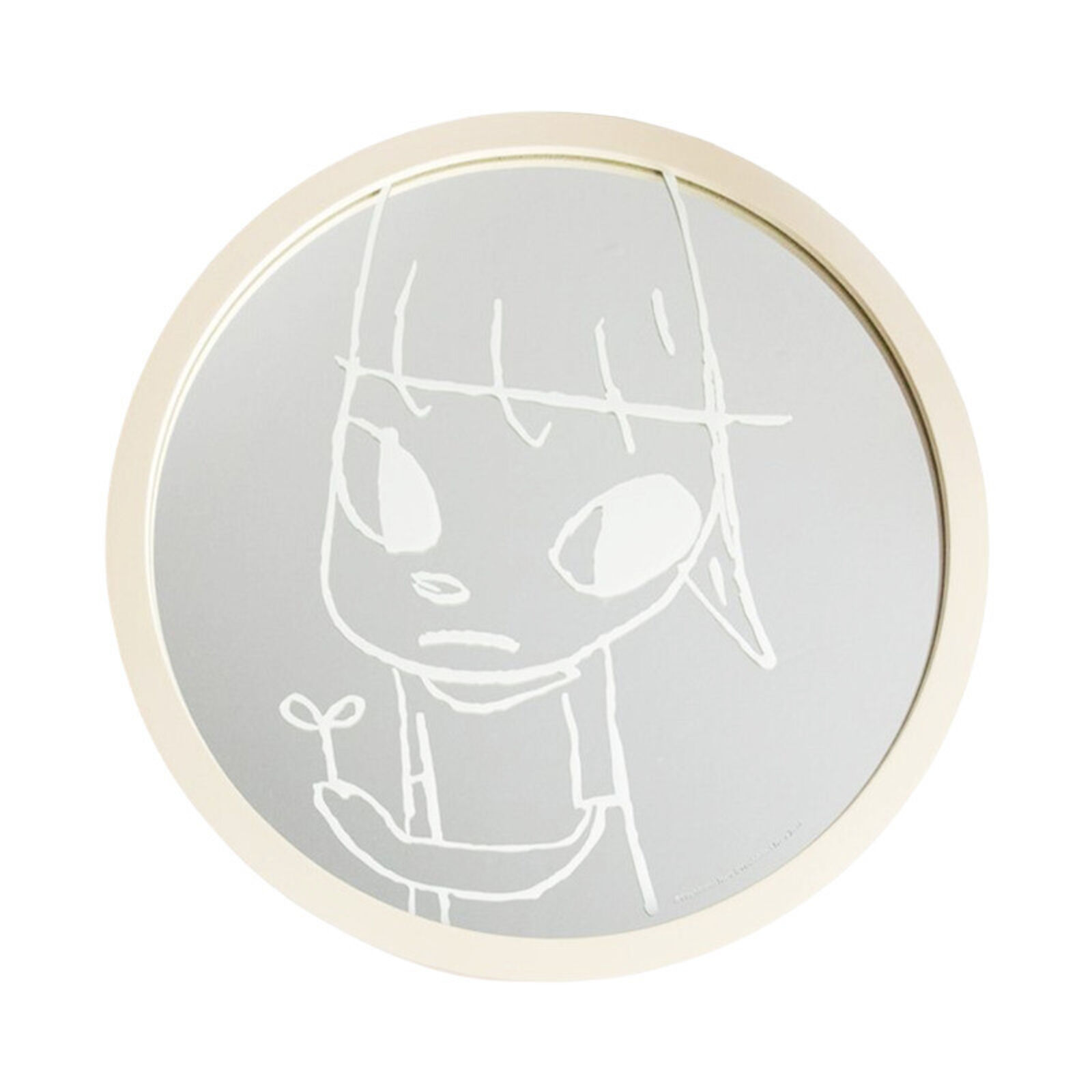 A round mirror with a drawing of a girl holding a flower.