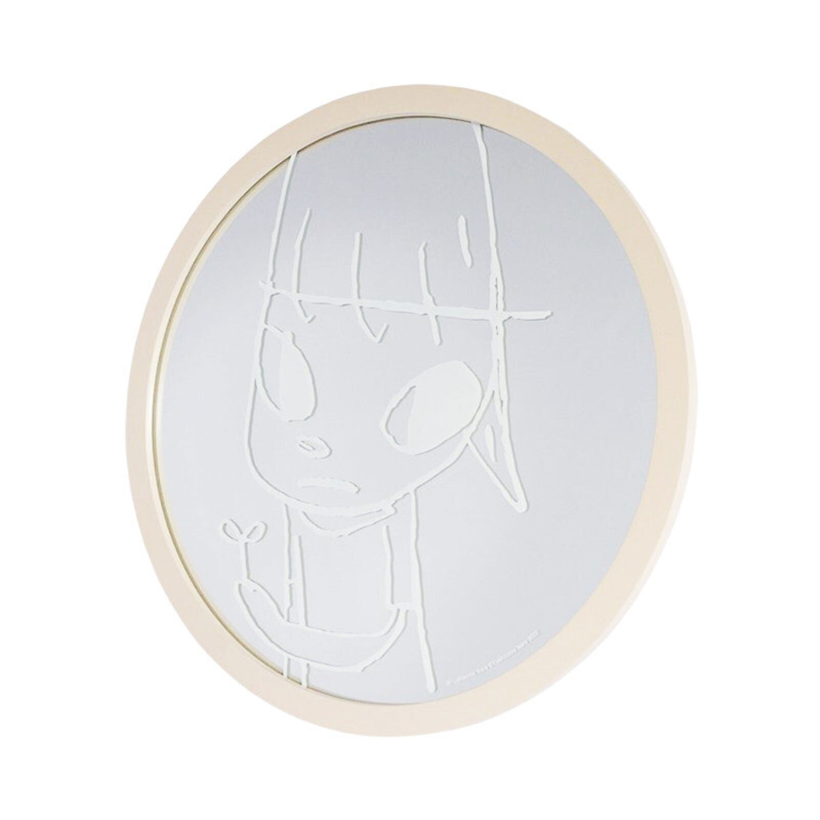 A round mirror with a drawing of a girl holding a flower.