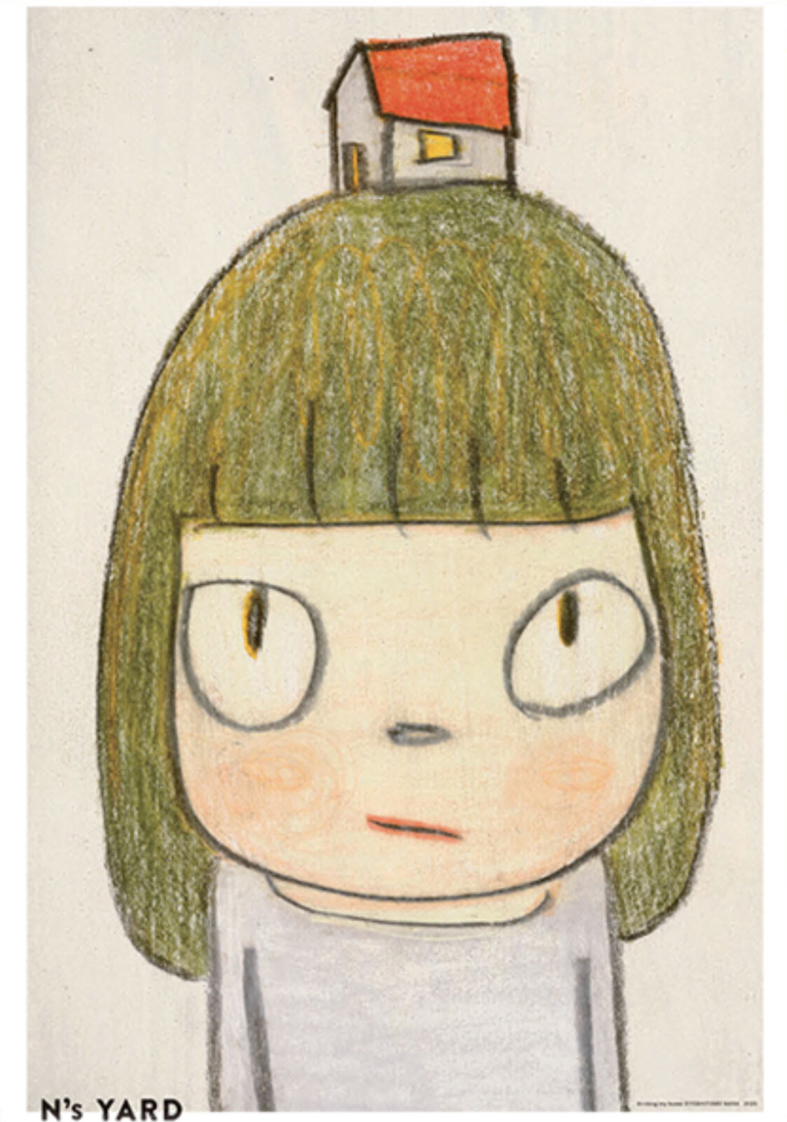 A drawing of a girl with a house on her head.