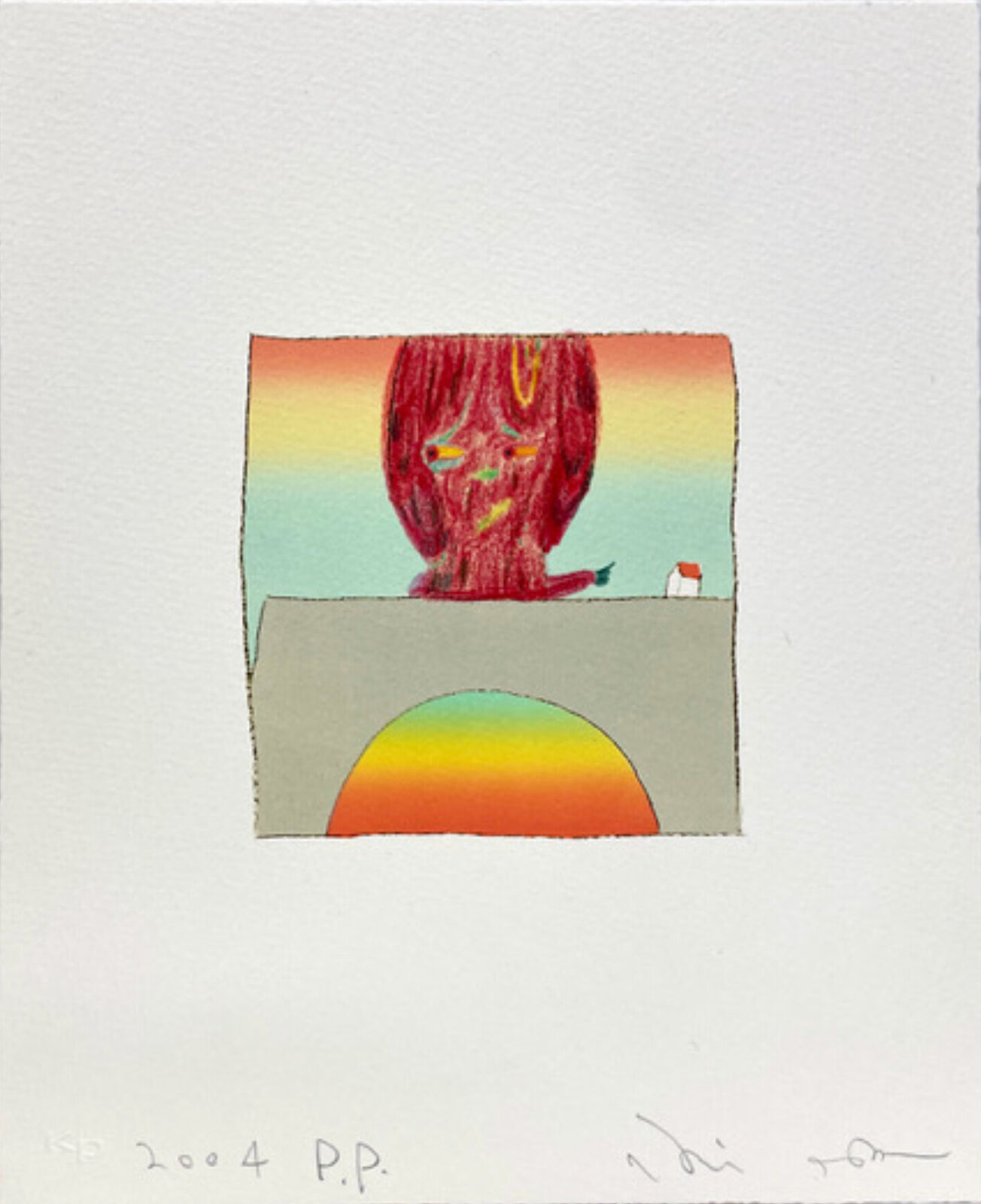 A drawing of a red cat sitting on top of a building.