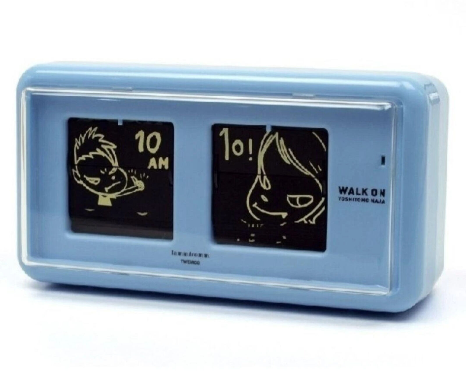 A blue alarm clock with a picture of a boy and a girl on it.