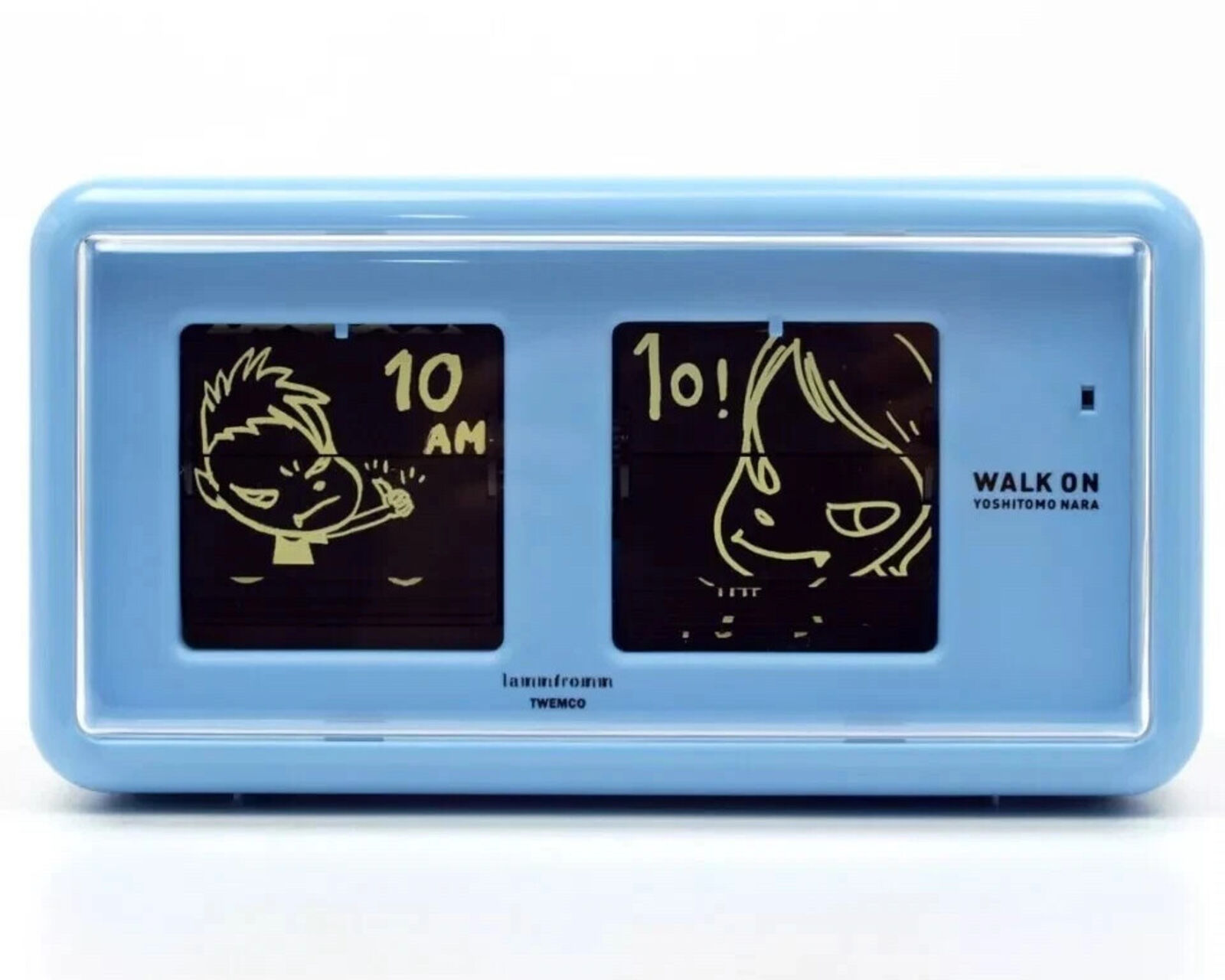 A blue alarm clock with a picture of a boy and a girl on it.