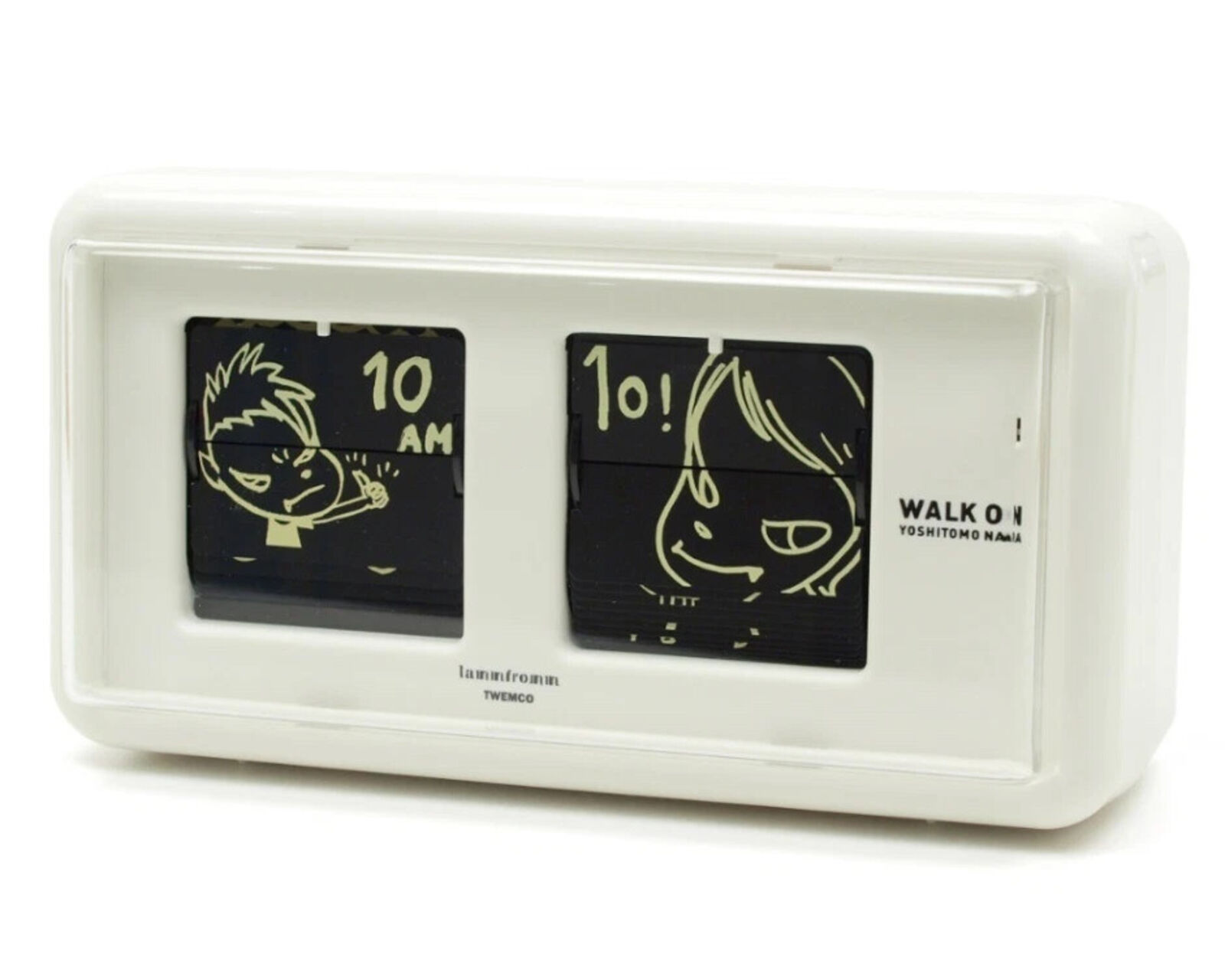A white alarm clock with a picture of a man and a woman on it.