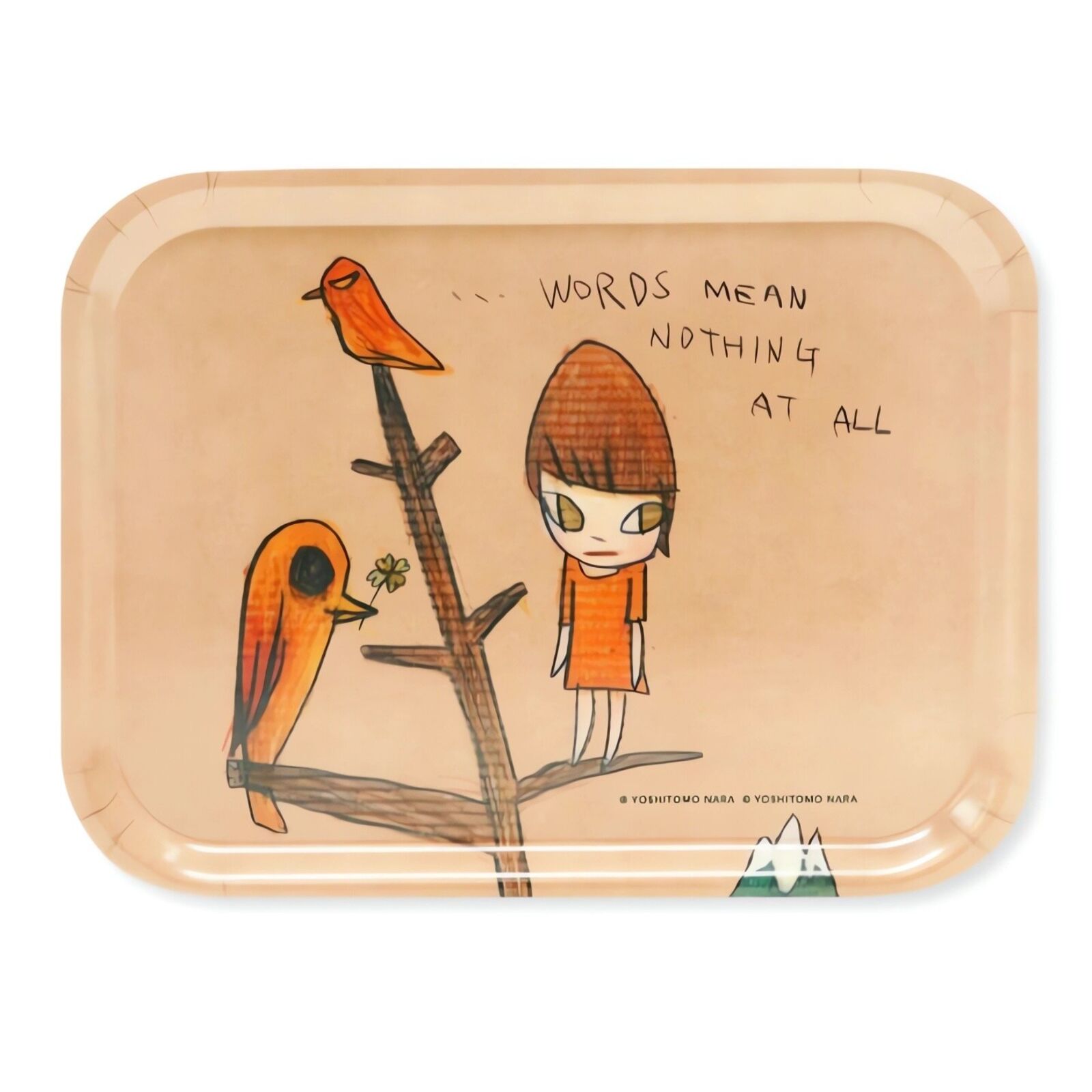 A tray with a drawing of a girl and two birds on it.