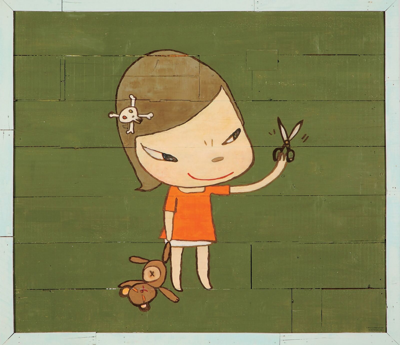 A painting of a girl holding a pair of scissors and a teddy bear.