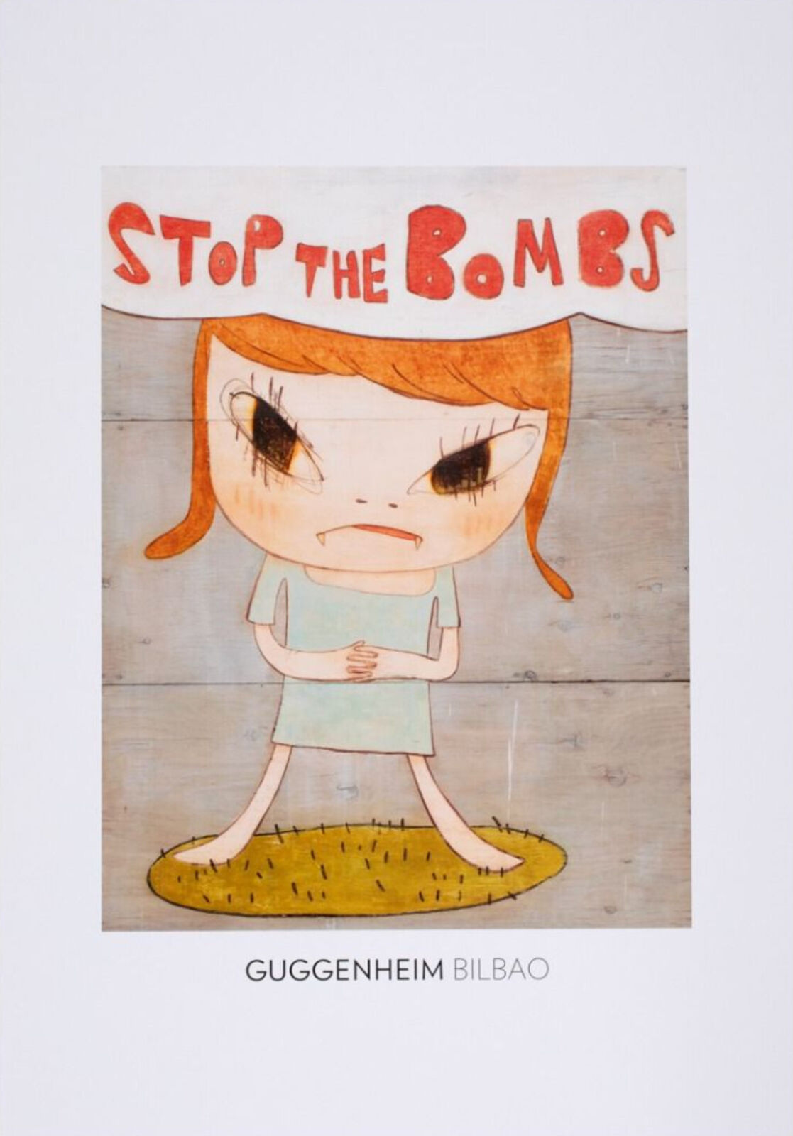 A picture of a girl with a sign that says stop the bombs.