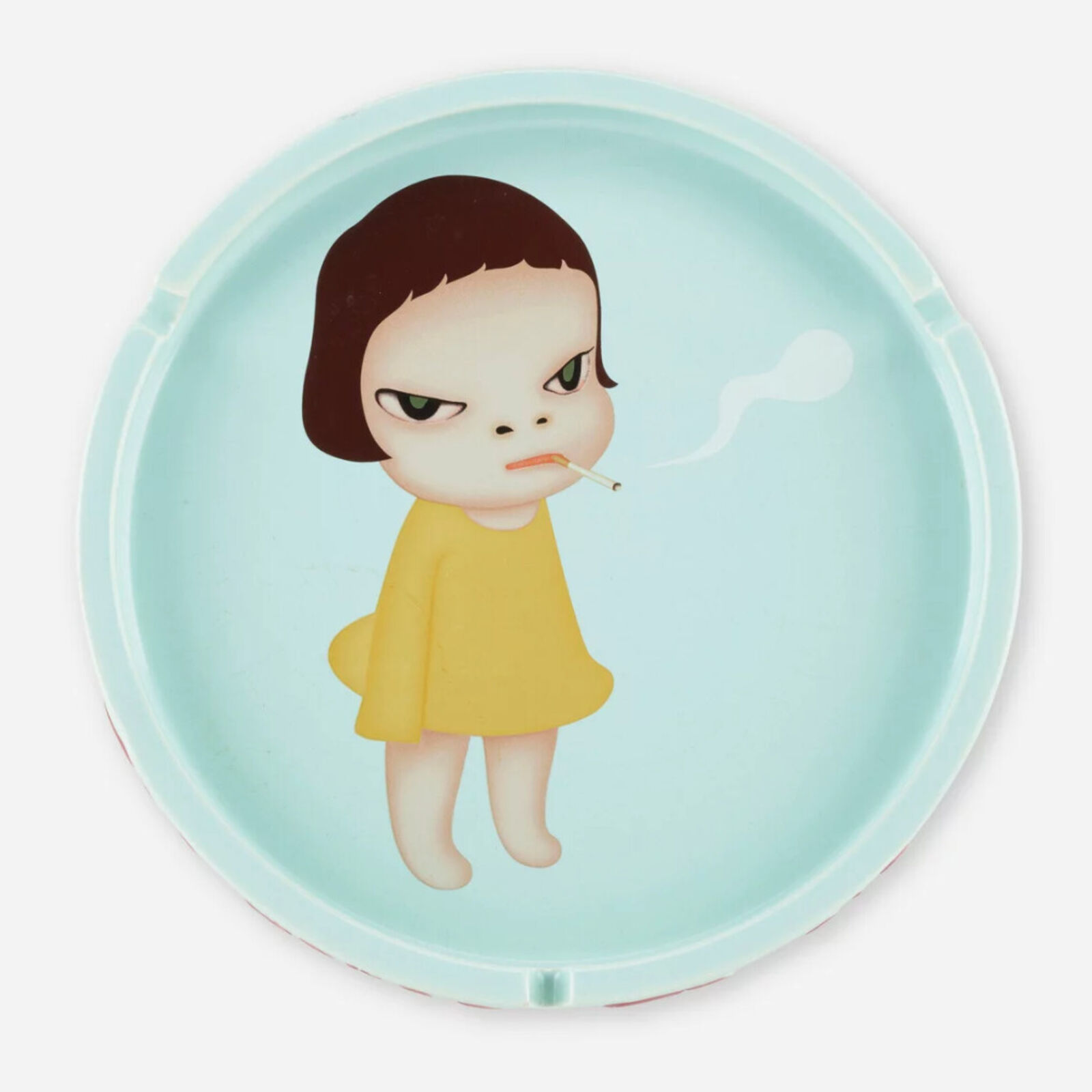 A plate with a little girl smoking a cigarette.