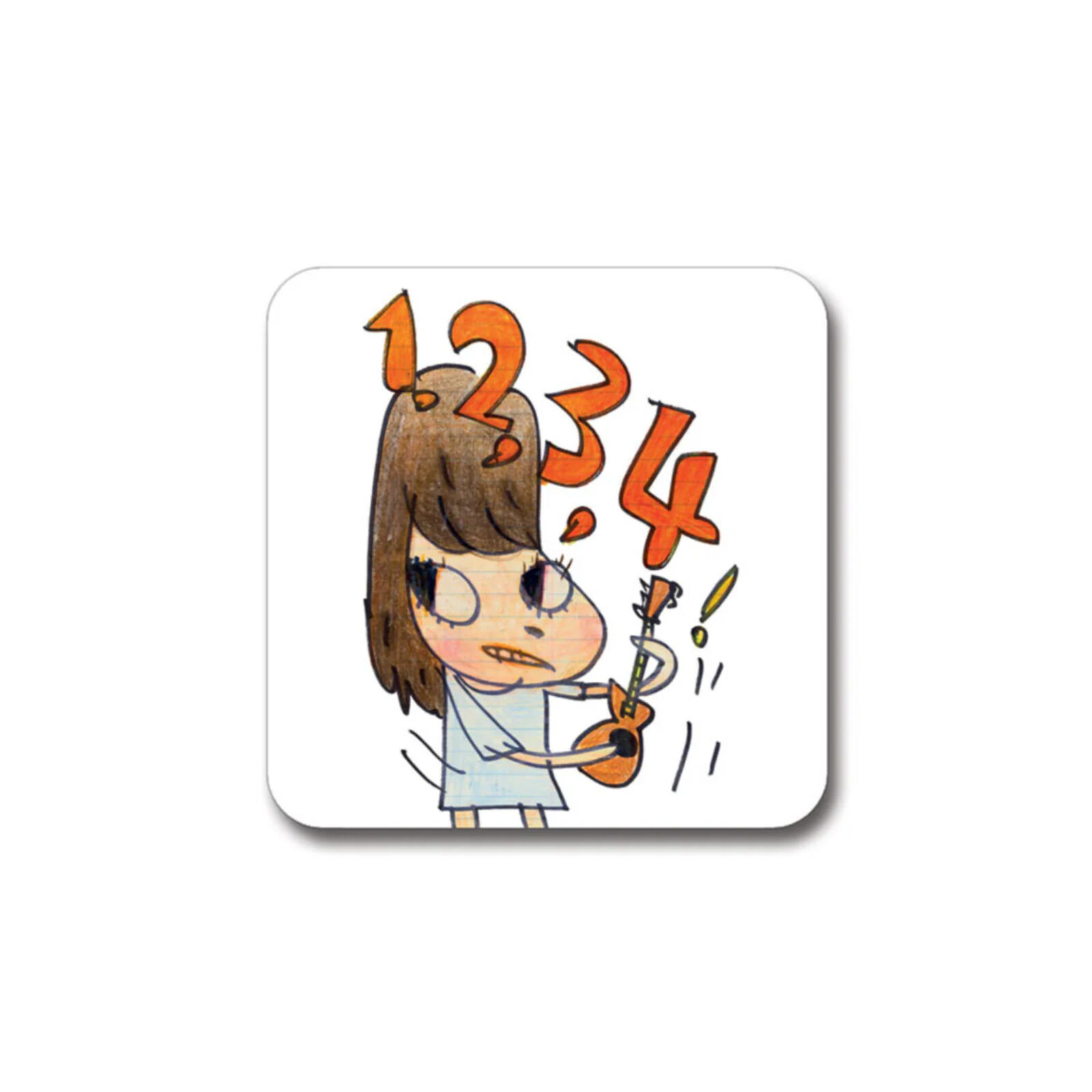 A drawing of a girl with a guitar in her hand.