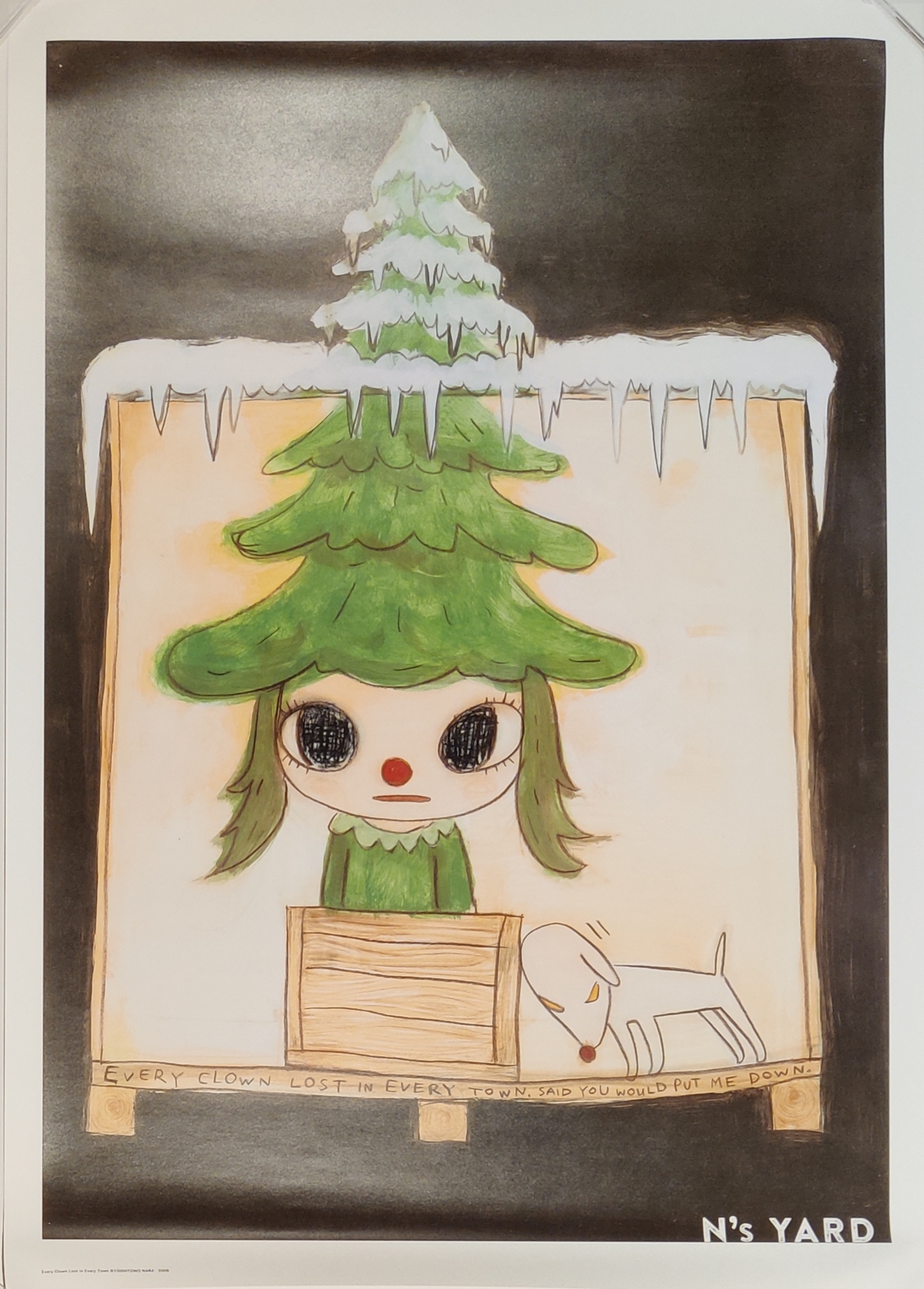 A drawing of a girl with a christmas tree on her head.