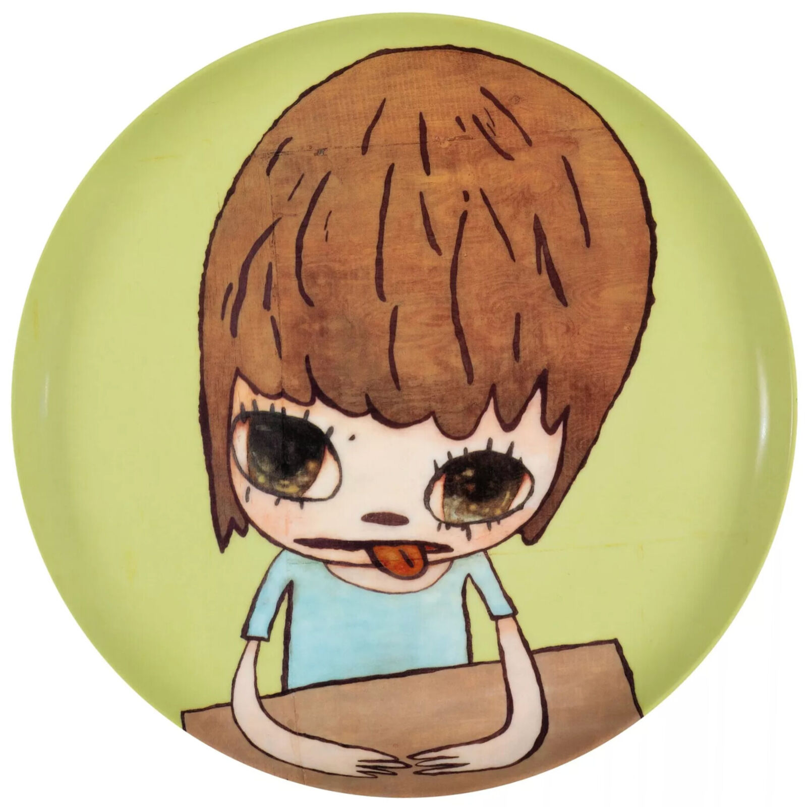 A drawing of a boy sitting at a table eating a piece of food.