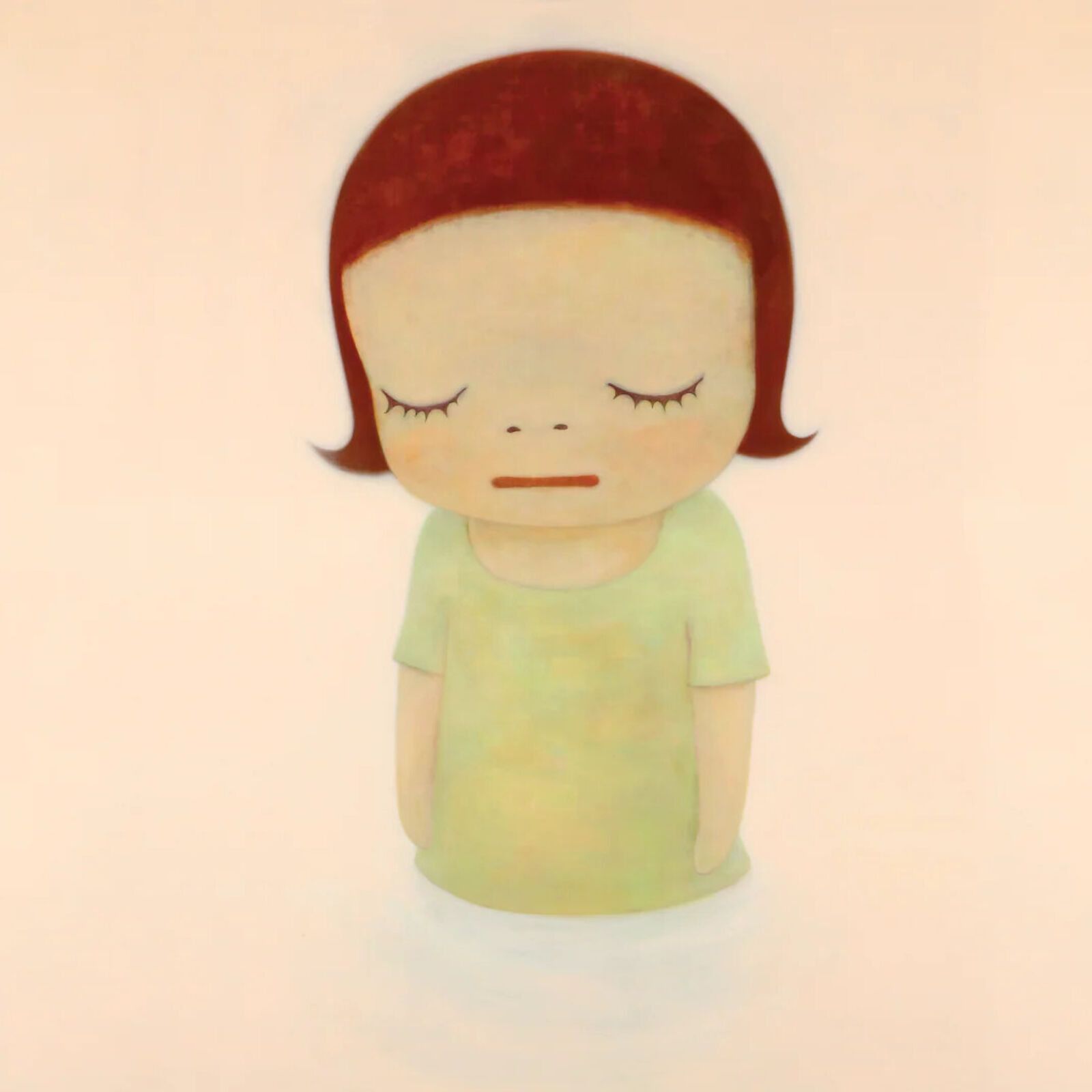 A painting of a little girl with red hair and a green shirt.