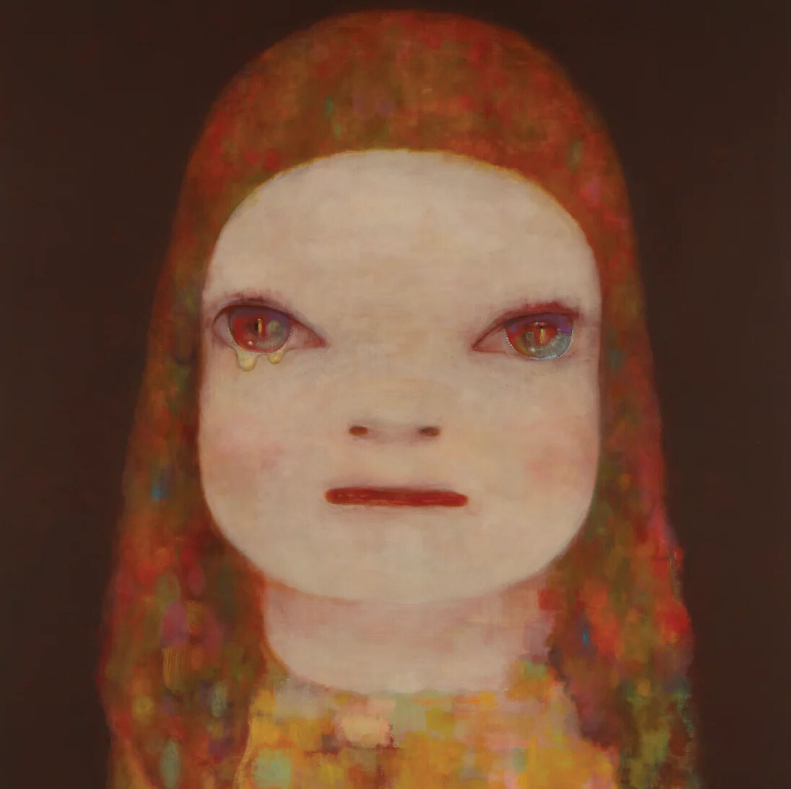 A painting of a doll with red hair and blue eyes.