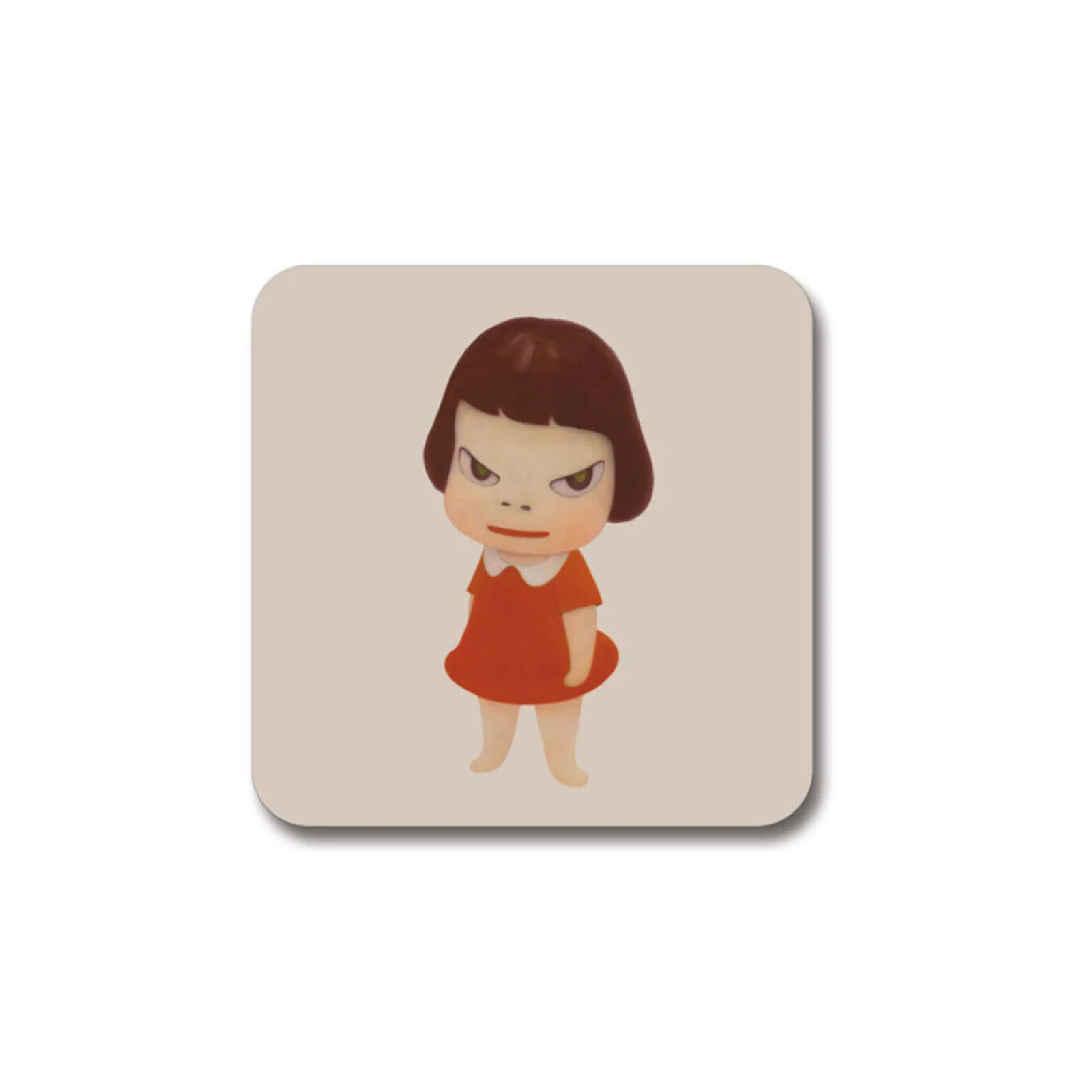A coaster with a little girl in a red dress.