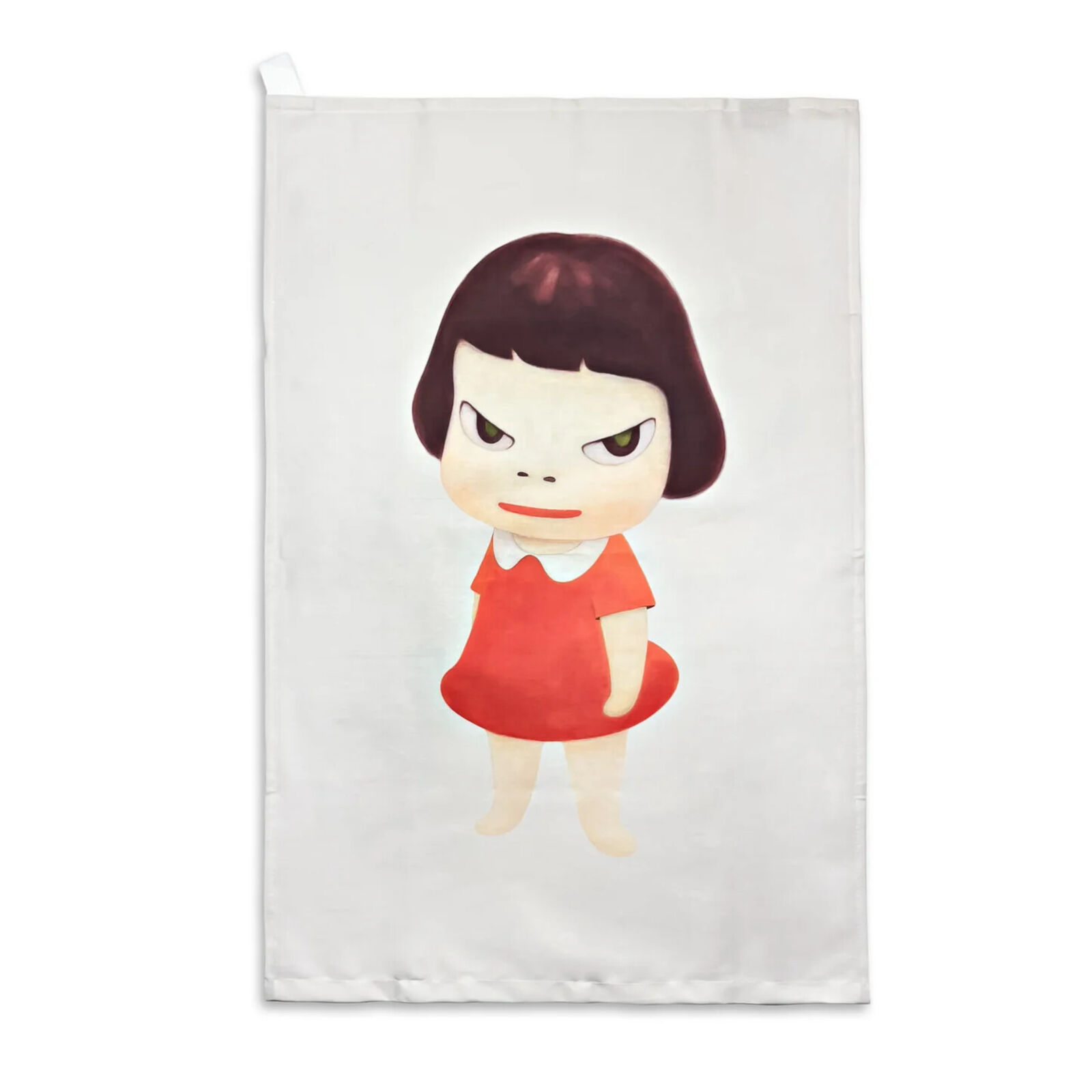 A tea towel with a little girl in a red dress.