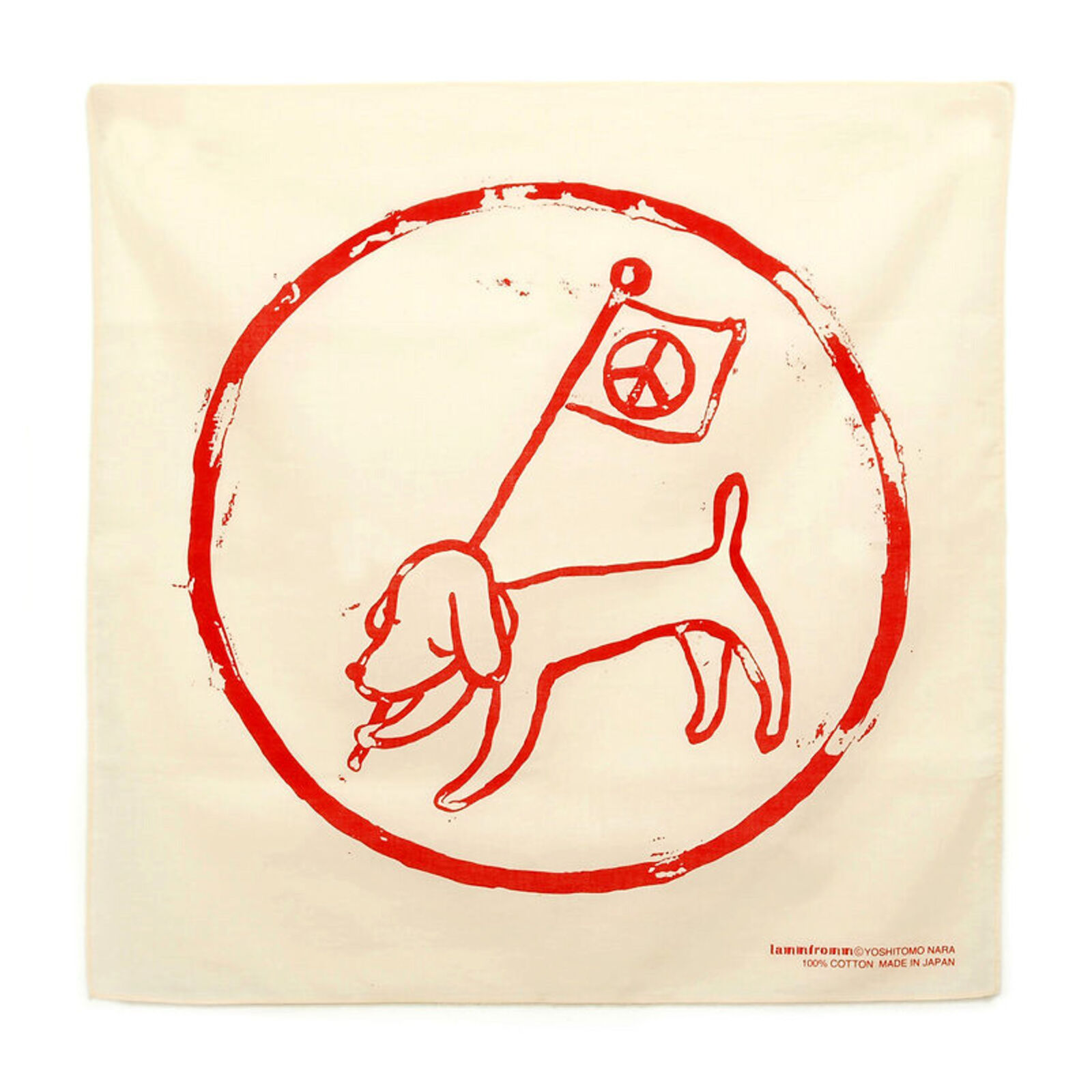 A red and white drawing of a dog holding a peace sign.