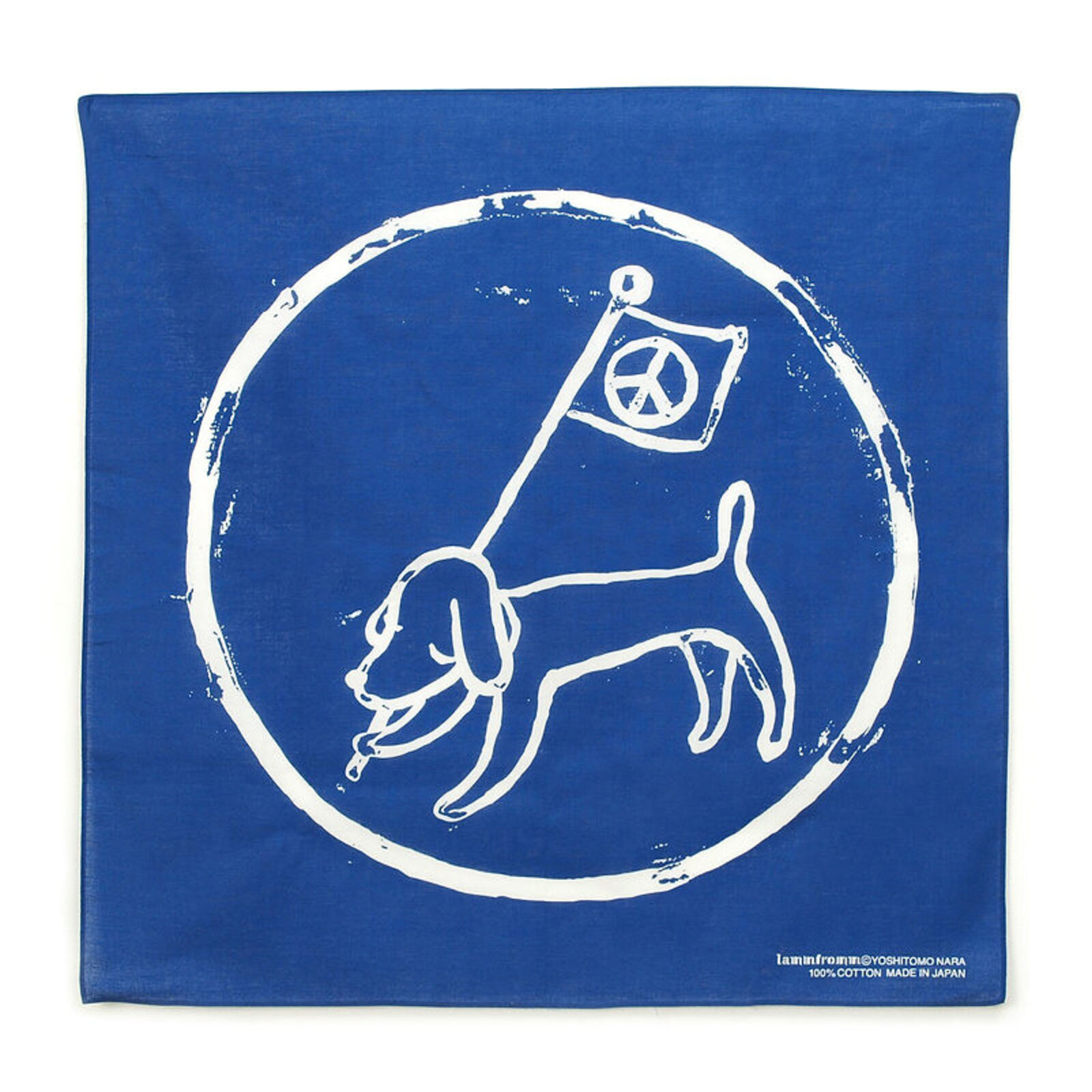 A blue bandana with a dog holding a peace sign.